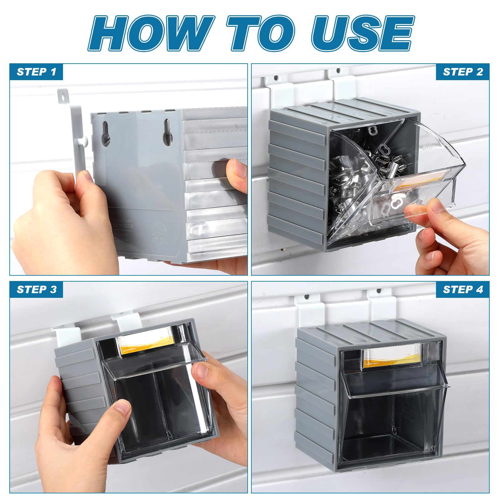 6 Pack Slatwall Bins with Hooks - Wall Mount Storage Baskets with Labels & Tip-Out Design - Hanging Organizer for Garage, Workshop, Retail & Home Organization - Durable Slatwall Panel Accessories