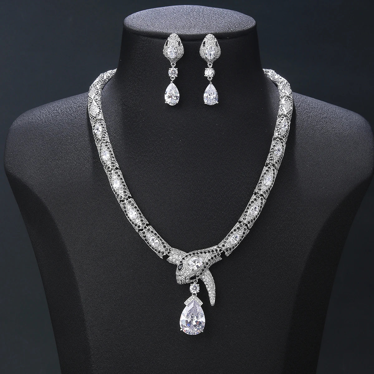 Luxury Cubic Zirconia Snake Necklace & Earrings Set for Women - Elegant Animal Jewelry for Parties, Weddings & Evening Events - Fashion Costume Accessories CN11429