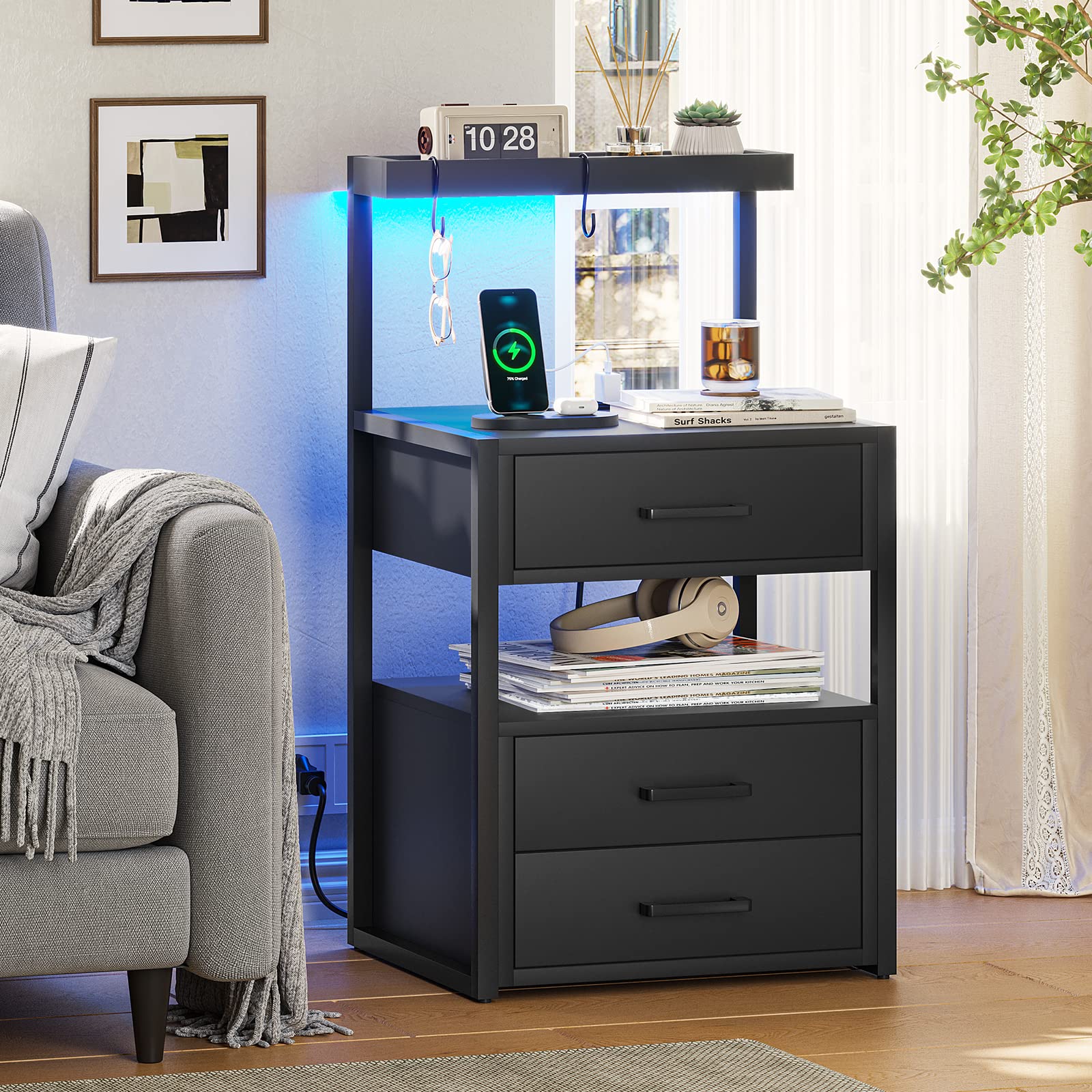 Modern LED Nightstand with USB & AC Charging - 3 Drawers & Open Storage for Bedroom