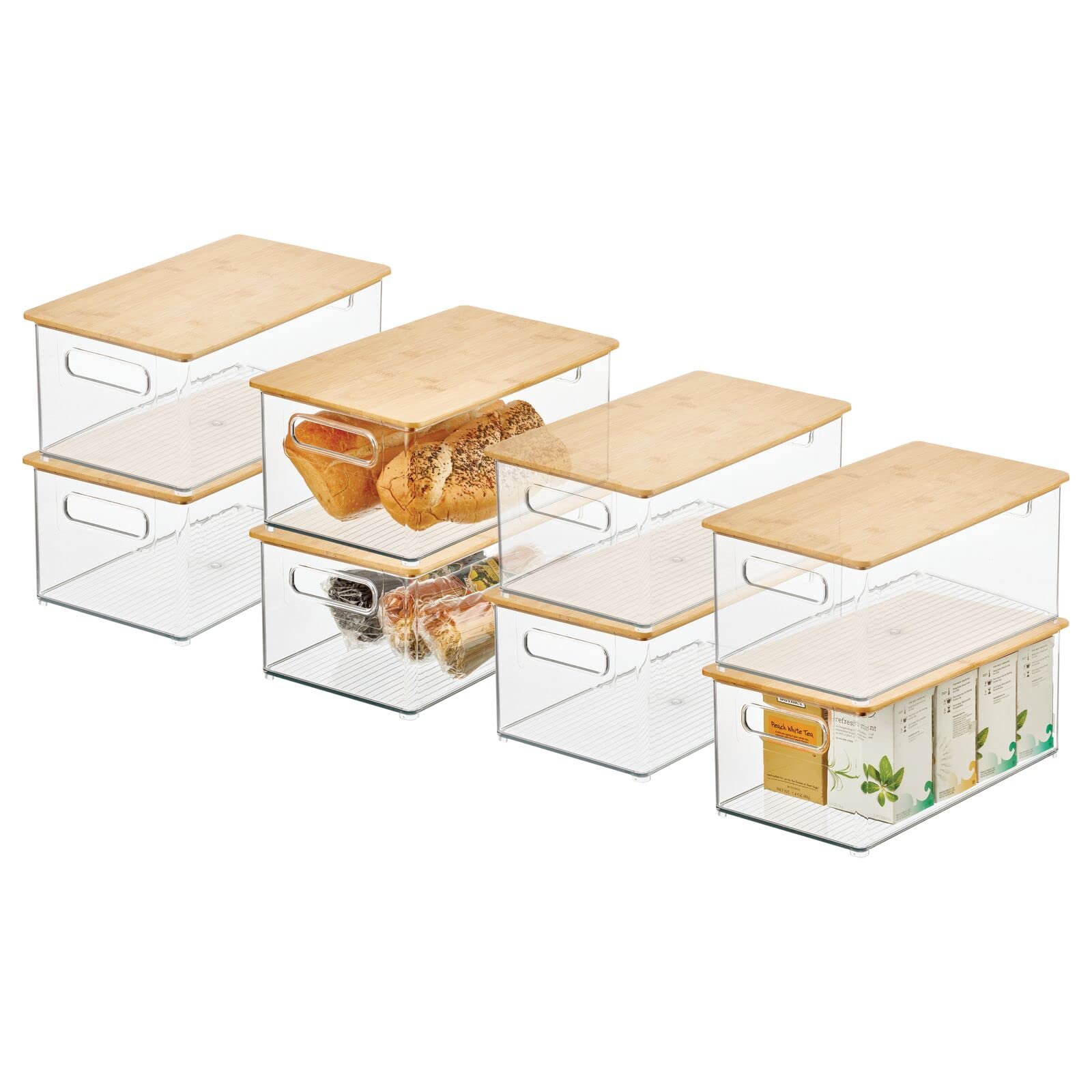 mDesign Plastic Stackable Storage Bins with Bamboo Wood Lids - 8-Pack Clear/Natural Organizer Containers for Kitchen, Pantry & Cabinet Storage - Perfect for Food, Snacks & Household Organization | Space-Saving Solution for Small Kitchens & Closets