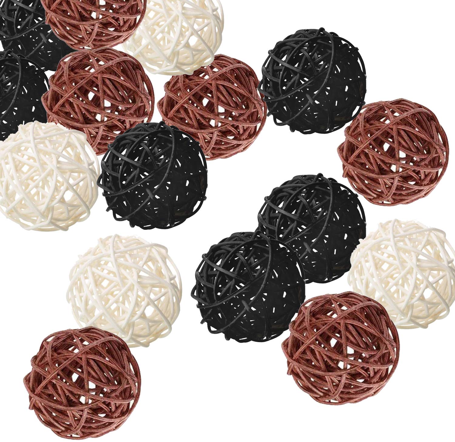 15PCS Mixed White Black Brown Rattan Balls - 2 Inch Wicker Decorative Orbs for Vase Fillers, Table Centerpieces, Wedding & Home Decor