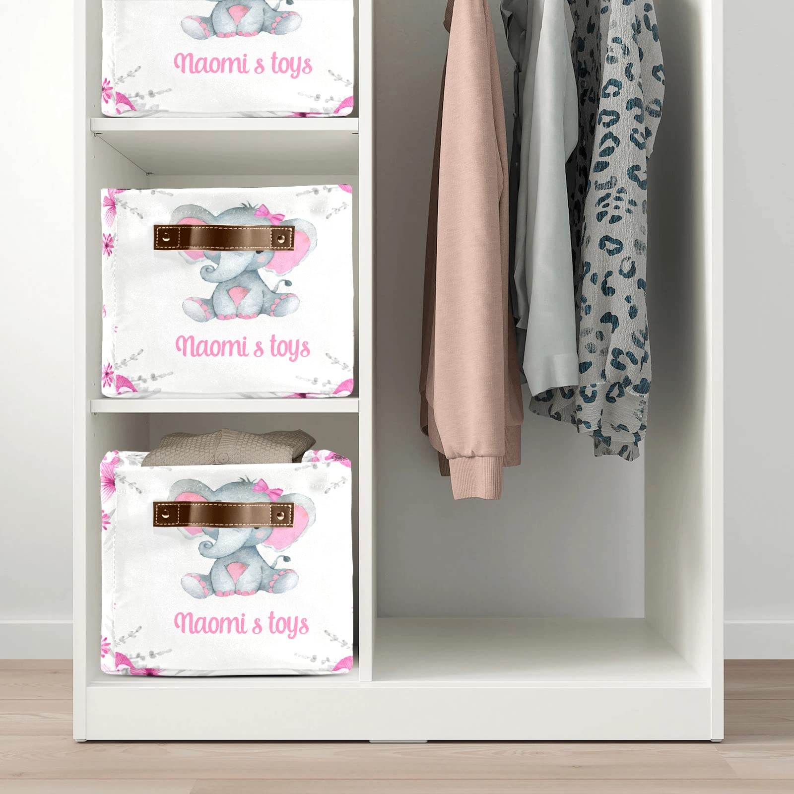 Personalized Pink Elephant Storage Bins with Handles - 1 Pack Organizer Baskets for Nursery, Closet, Shelves & Toy Storage | Perfect for Kids' Room Organization & Home Decor