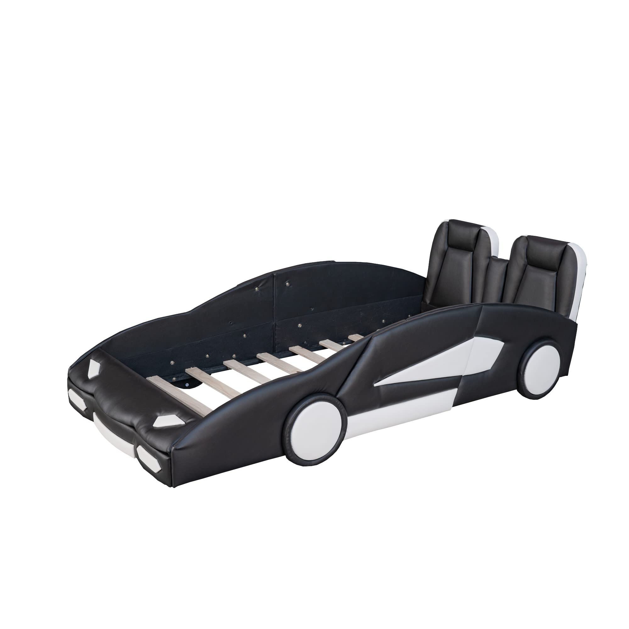 Bellemave Twin Size Race Car Platform Bed with Wheels & Guardrail - Boys Twin Bed Frame for Kids Bedroom, Playroom, or Nursery (Black) - Fun & Safe Sleep Solution for Toddlers & Children