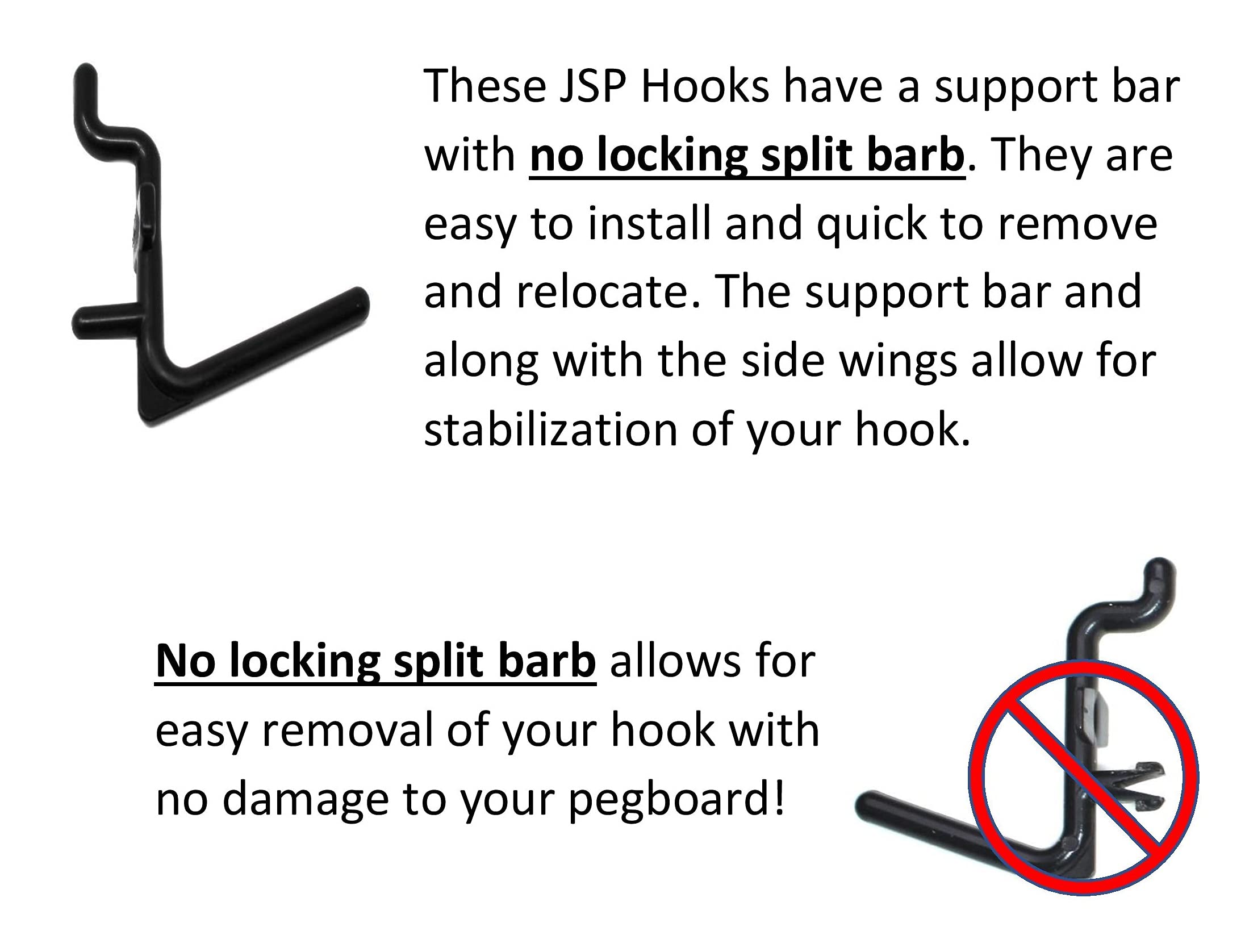 JSP Manufacturing 50-Pack Black Plastic L-Shaped Pegboard Hooks for Garage Tool Storage & Craft Organization | Non-Locking Pegboard Accessories for DIY, Workshop, and Home Improvement Projects
