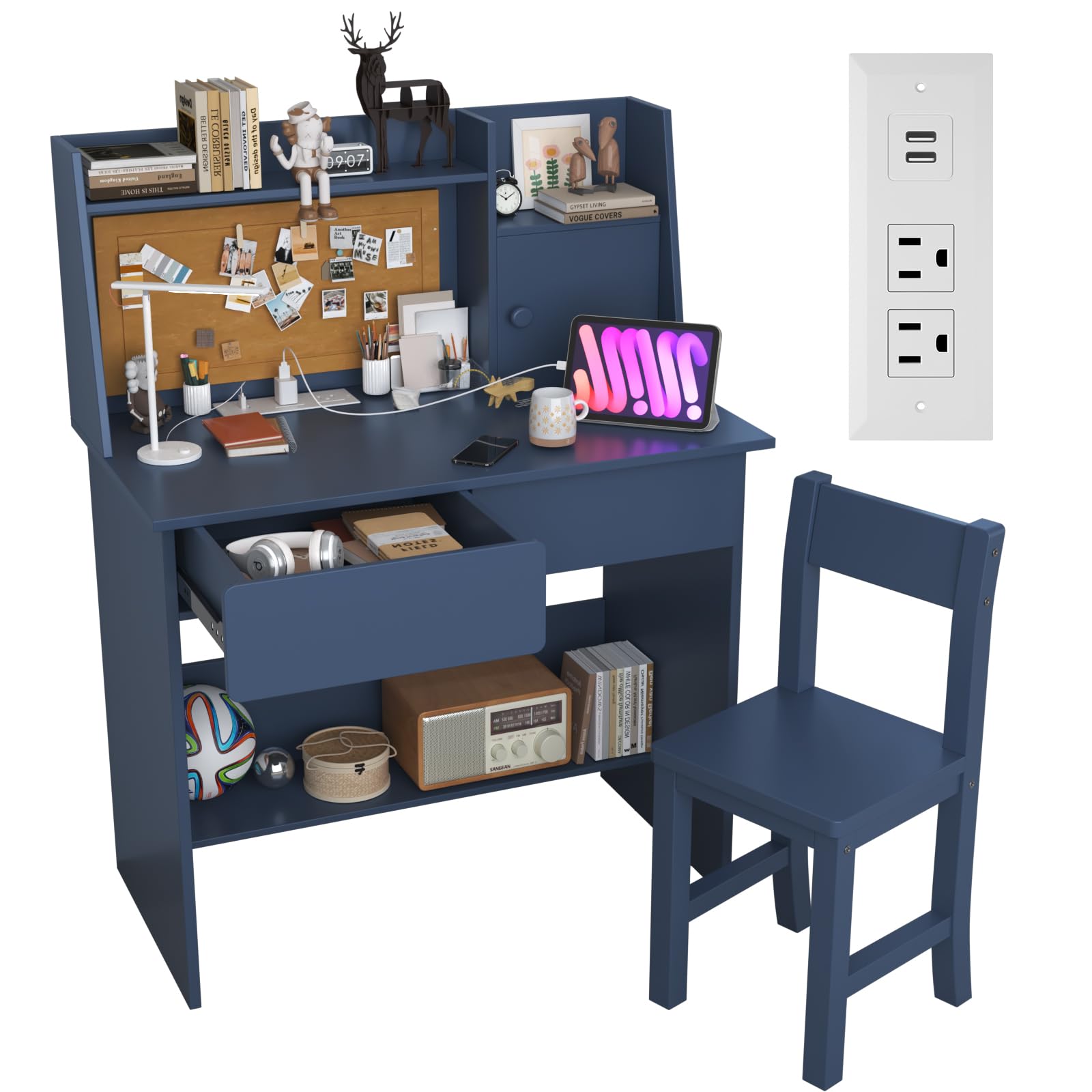 Blue Kids Study Desk and Chair Set with Drawers, Storage Shelf & Charging Station - Ergonomic Computer Desk for Children Ages 5-12 | Perfect for Homeschooling, Online Learning & Bedroom Study Spaces