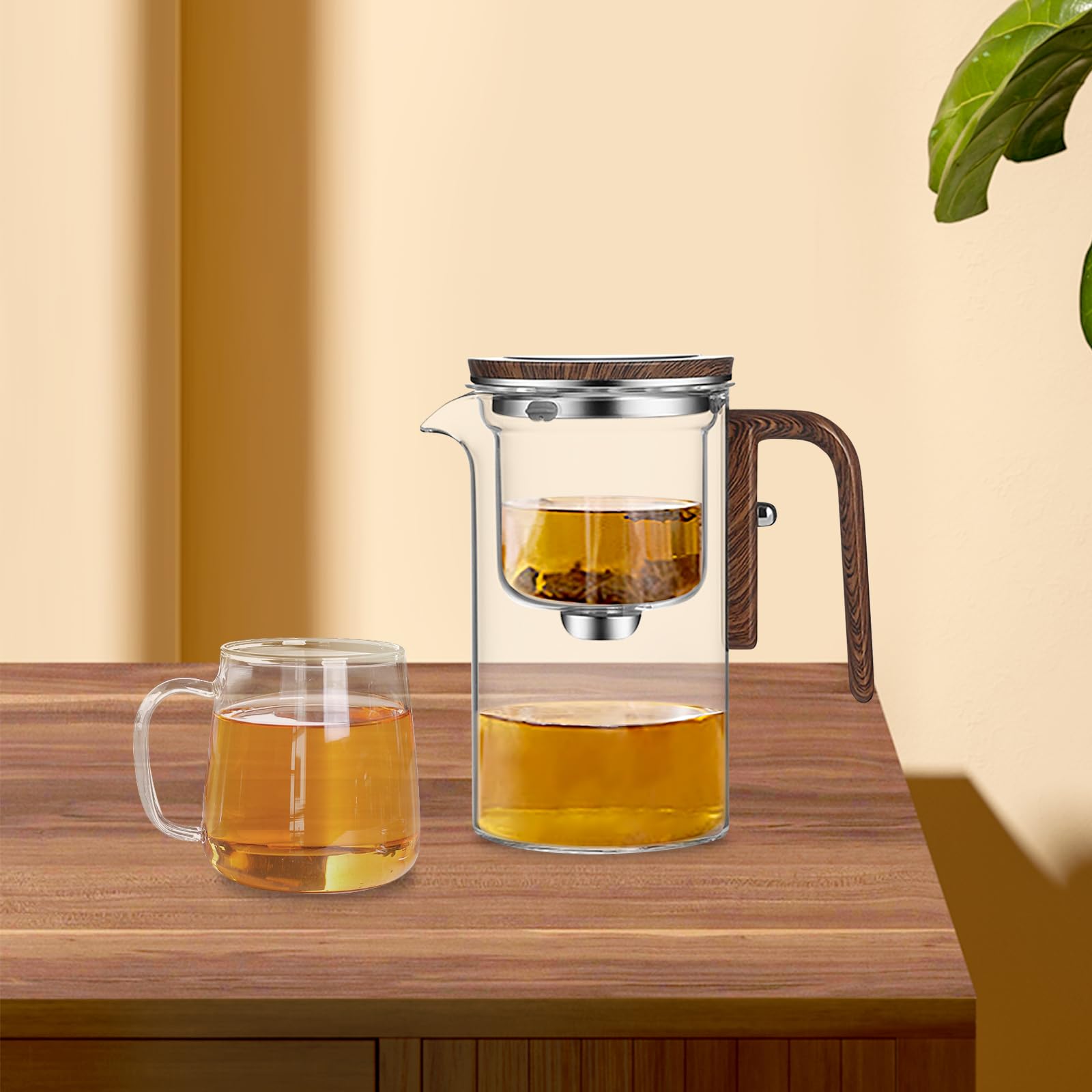 Enchanti Glass Teapot with Wooden Handle - Water Separation Design & Press Control Magic Tea Maker - Perfect for Loose Leaf Tea, Herbal Infusions & Home Tea Ceremonies