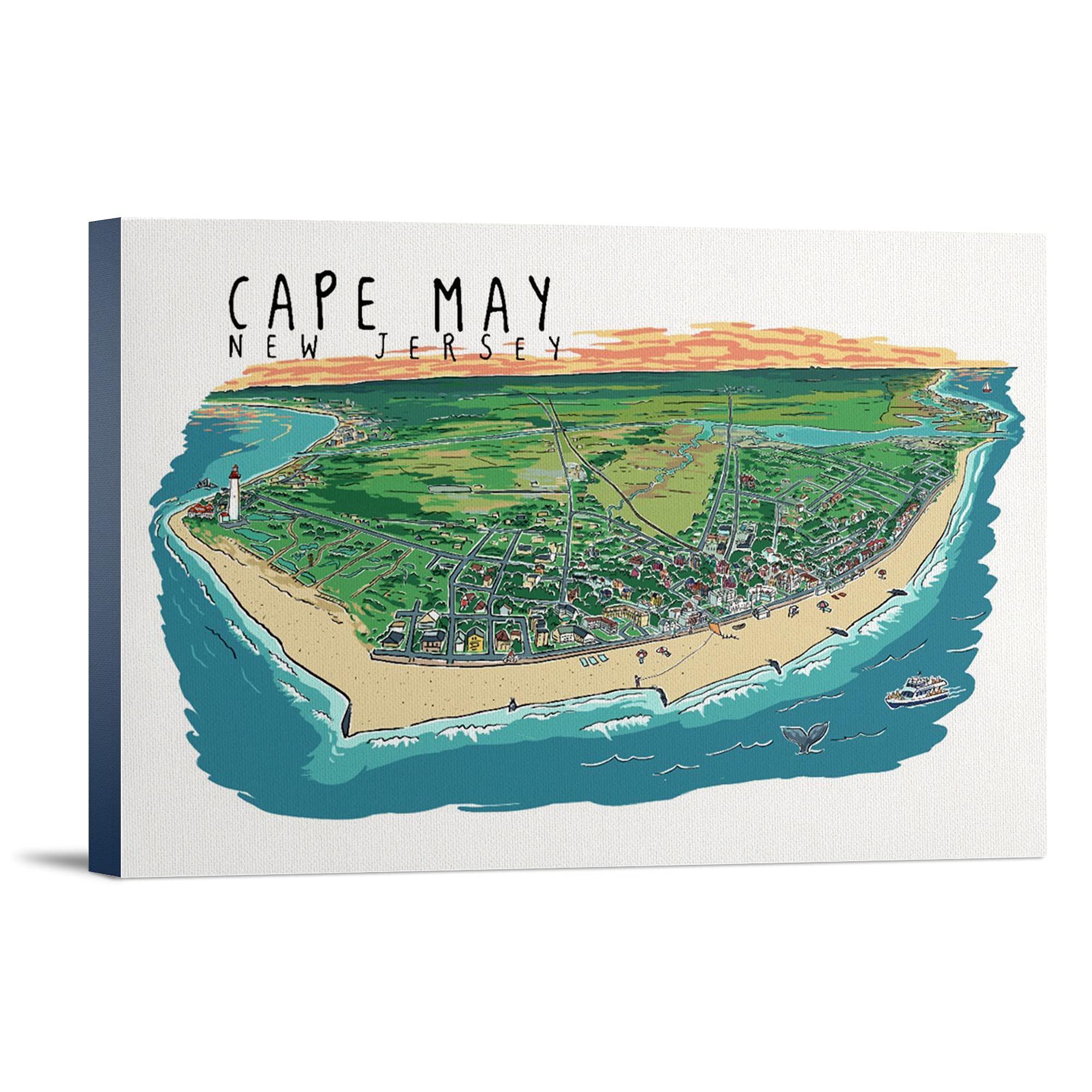 Cape May New Jersey Line Drawing Art - 16x24 Wrapped Canvas Wall Decor for Living Room, Bedroom & Office