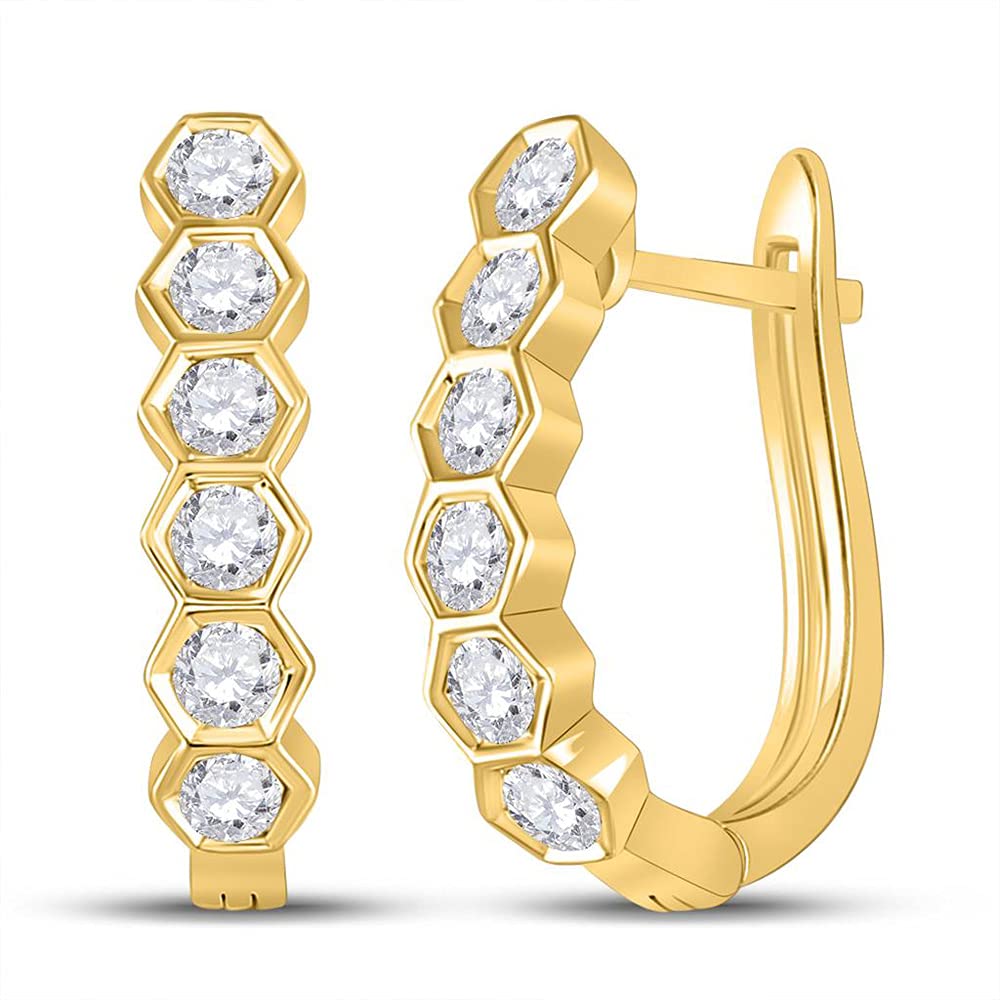 14Kt Yellow Gold Women's Round Diamond Hoop Earrings - 5/8 Cttw, Dainty Everyday Hoops for Work, Date Night & Special Occasions