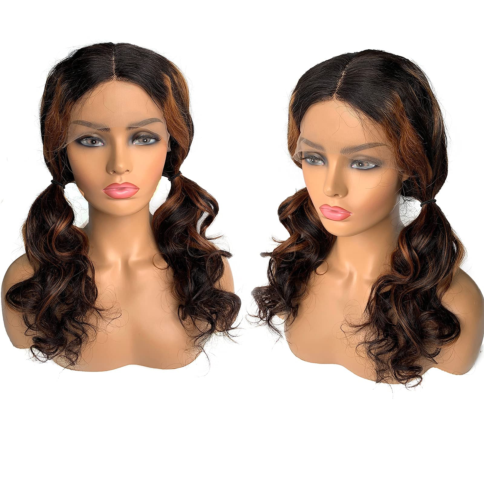14 Inch T-Part Curly Human Hair Wig - Black & Brown Highlight Lace Front Wig with Baby Hair | Brazilian Virgin Hair, Loose Wave Balayage | Natural Look for Black Women | Perfect for Daily Wear, Parties & Special Events