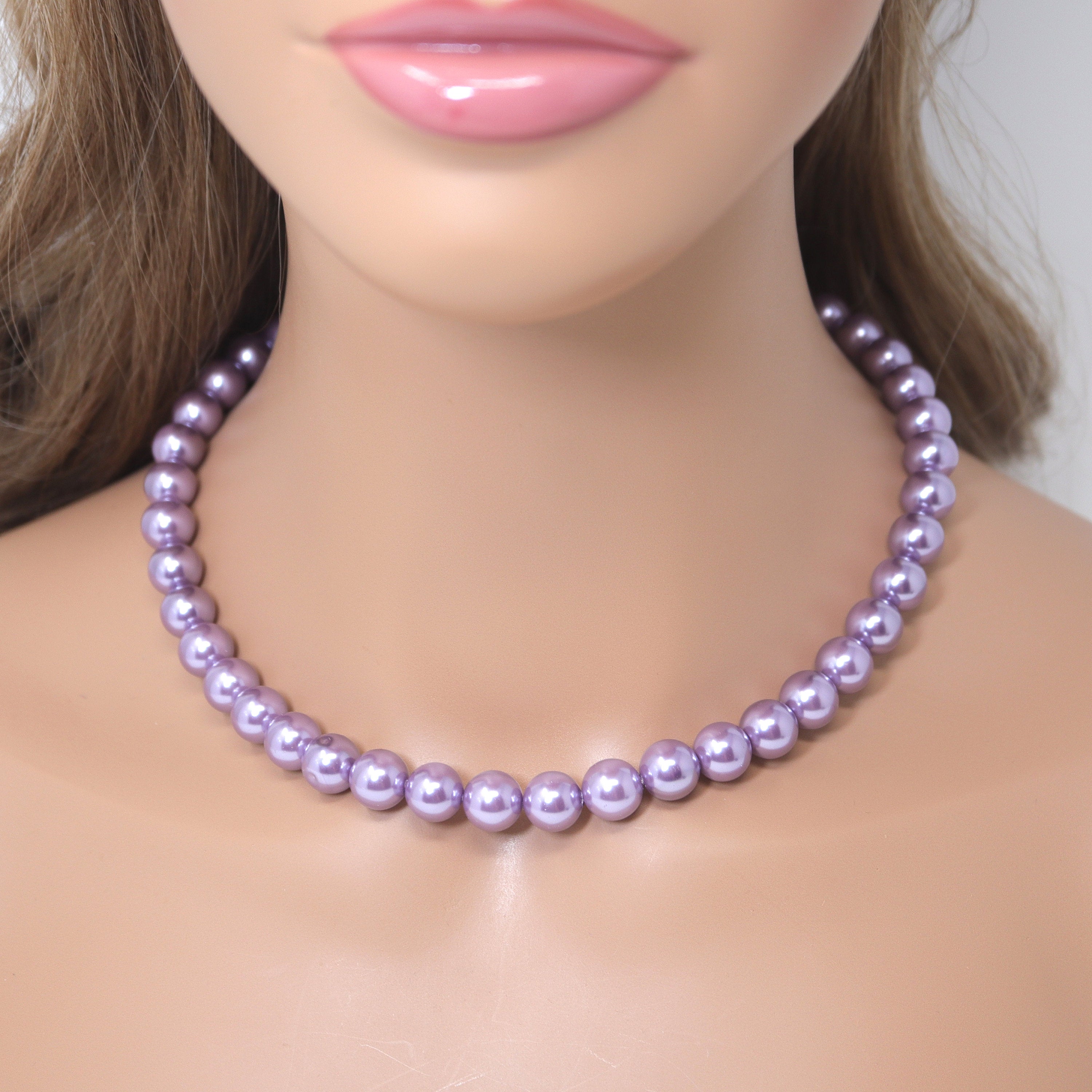 10mm Purple Faux Pearl Jewelry Set - Necklace, Earrings & Bracelet | Bridal Jewelry for Weddings | Statement Necklace and Earrings Set with Cubic Zirconia | Perfect for Bridesmaids, Prom, and Formal Occasions