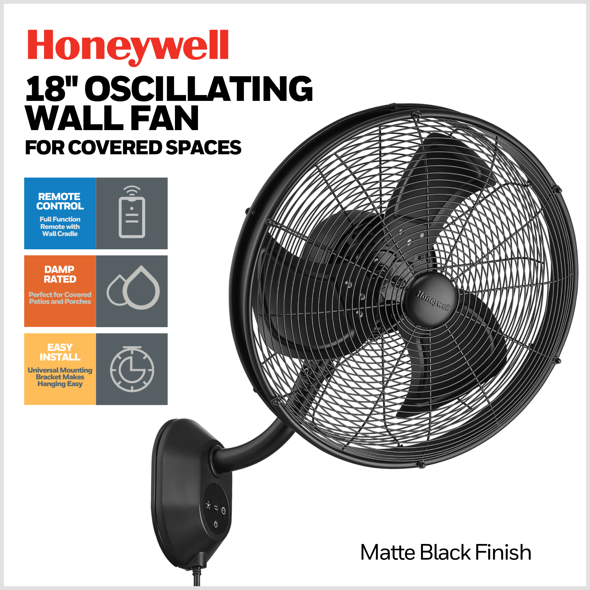 Honeywell Indoor Outdoor Wall Mount Fan with Remote Control - Quiet Oscillating Cooling for Bedroom, Living Room, Patio & Office