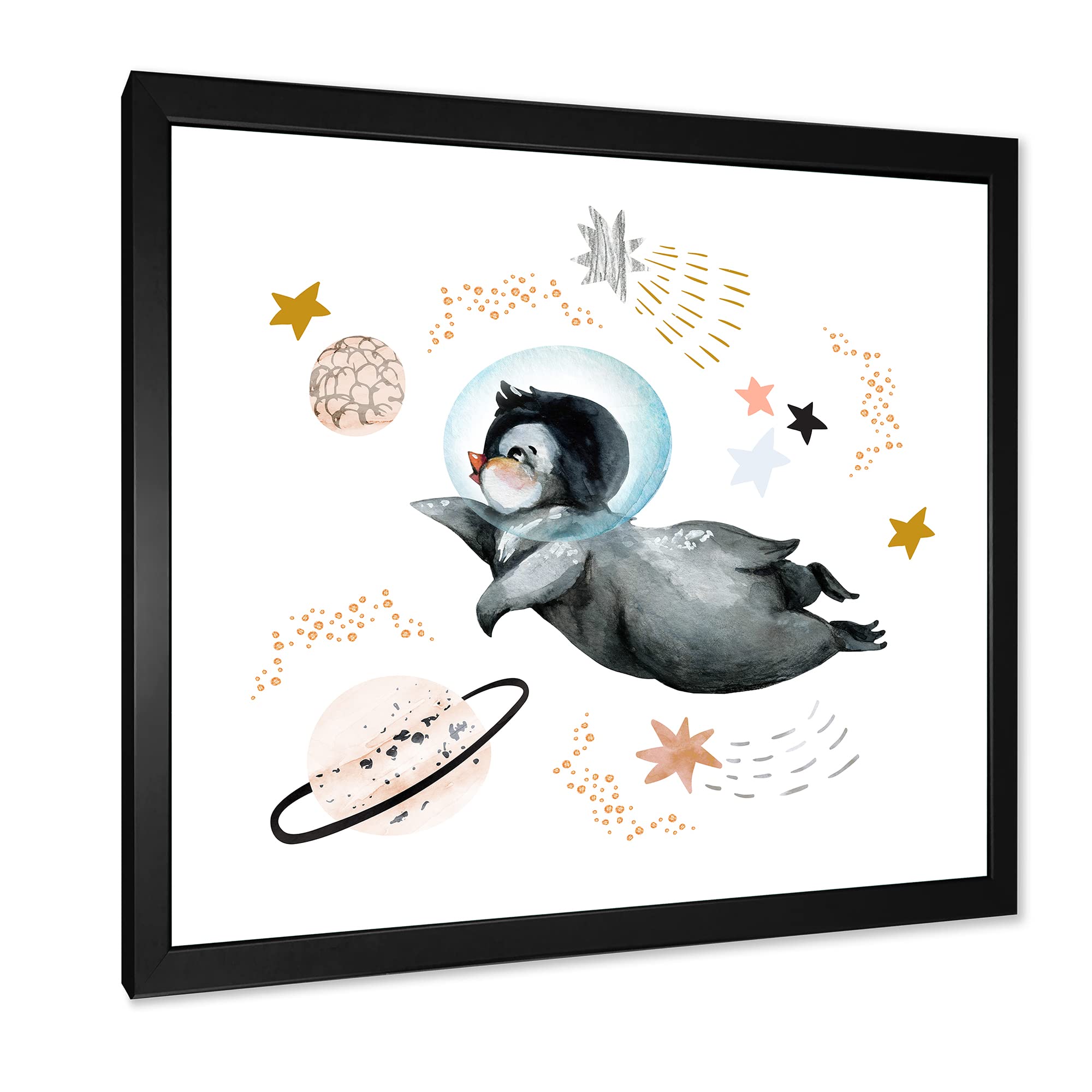 DesignQ Little Penguin Flying Stars and Planets II Farmhouse Framed Wall Art - Nursery Decor, Kids Room Wall Art, Living Room Decor, Perfect Gift for Baby Shower & Birthday