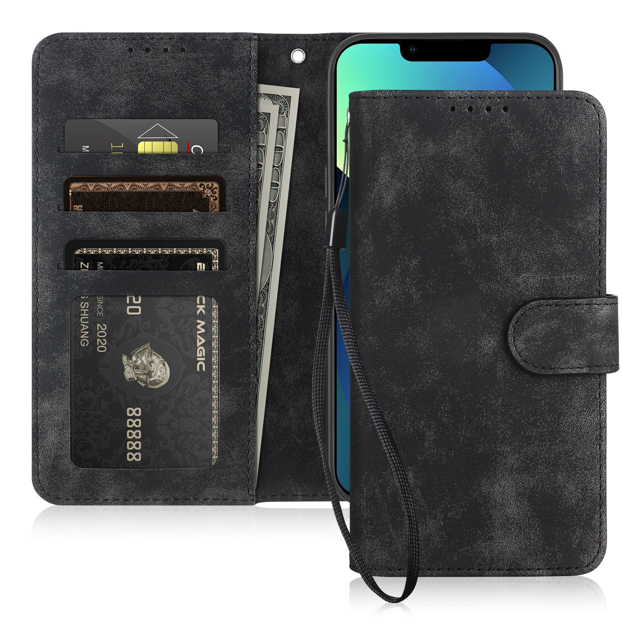 SAMONPOW Magnetic Flip Wallet Case for iPhone 13 (6.1 inch) - Premium PU Leather with Card Holder, Shockproof & Anti-Scratch Protection - Perfect for Work, Travel & Daily Use (Black)