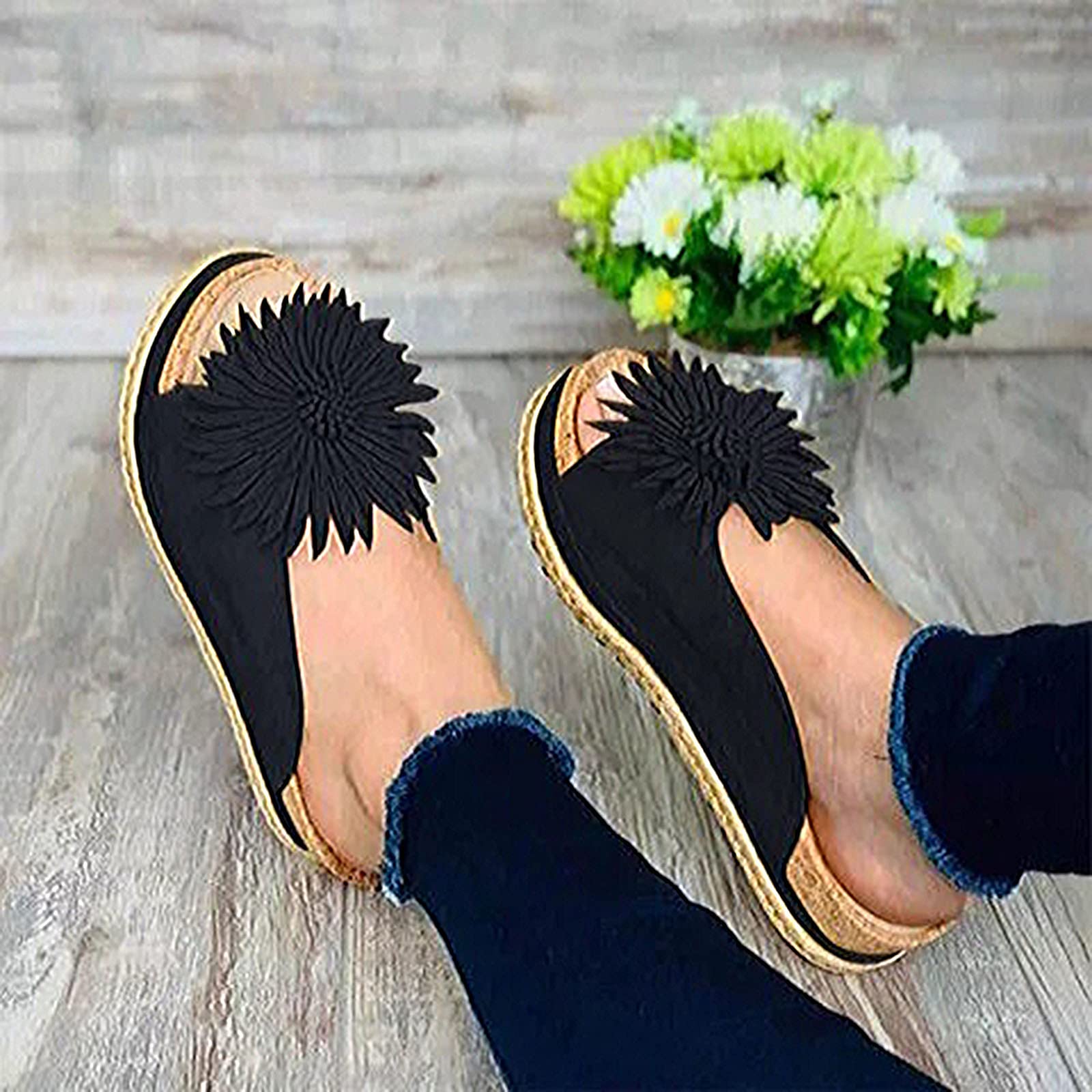 **Women's Elegant Sunflower Slip-On Sandals - Open Toe Platform Slippers with Cork Sole - Comfortable Boho Suede Slide Mules for Casual Wear, Beach, and Summer Outfits - Black, Size 41**