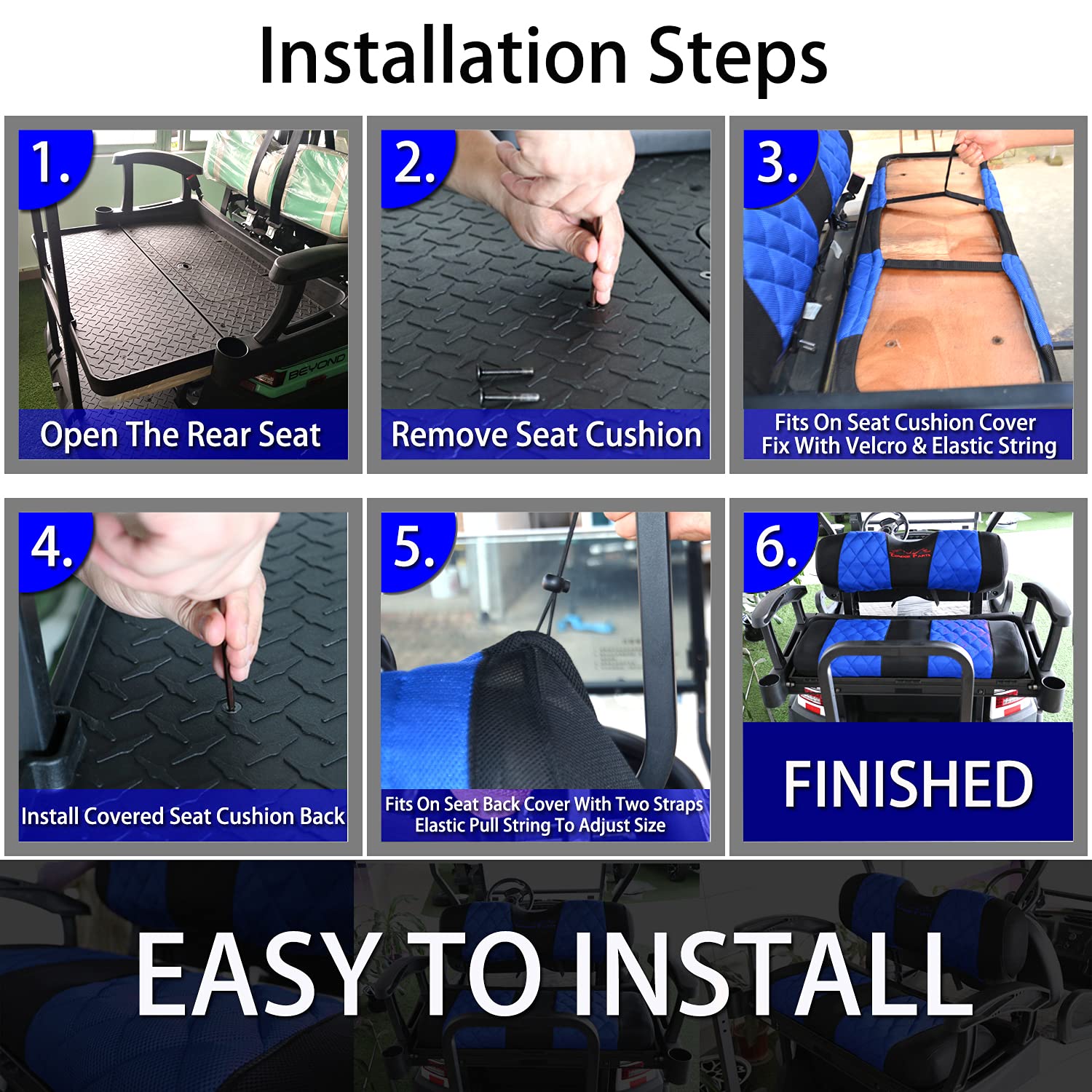 Premium Golf Cart Rear Seat Covers - Breathable Washable Sandwich Mesh Air Spacer Kit (Blue/Black) | Renew & Protect Your Golf Cart Seats | Perfect for Golf Courses, Resorts & Personal Carts