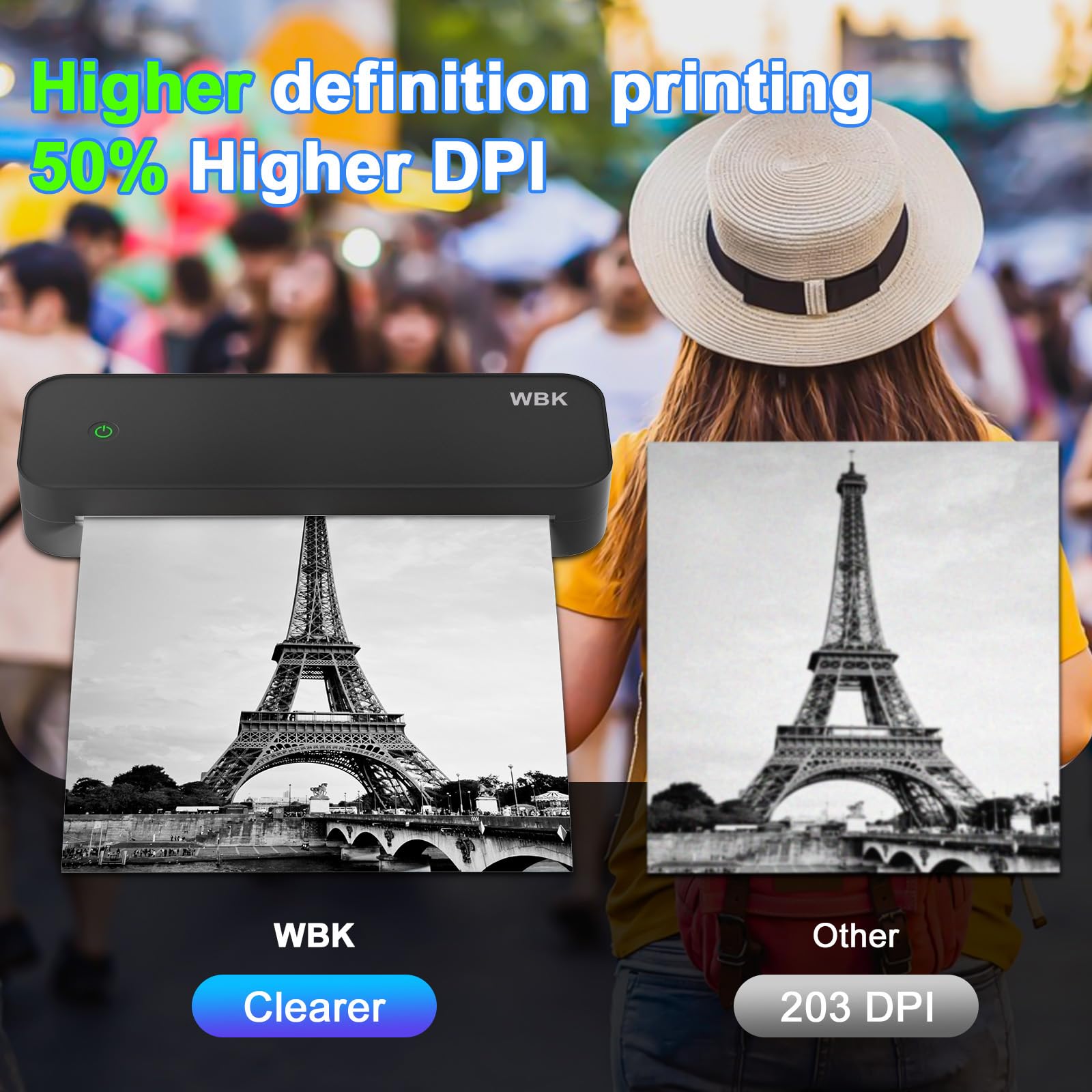 WBK® Wireless Portable Thermal Printer for Travel - Bluetooth Mini Printer Compatible with Android, Supports 8.5