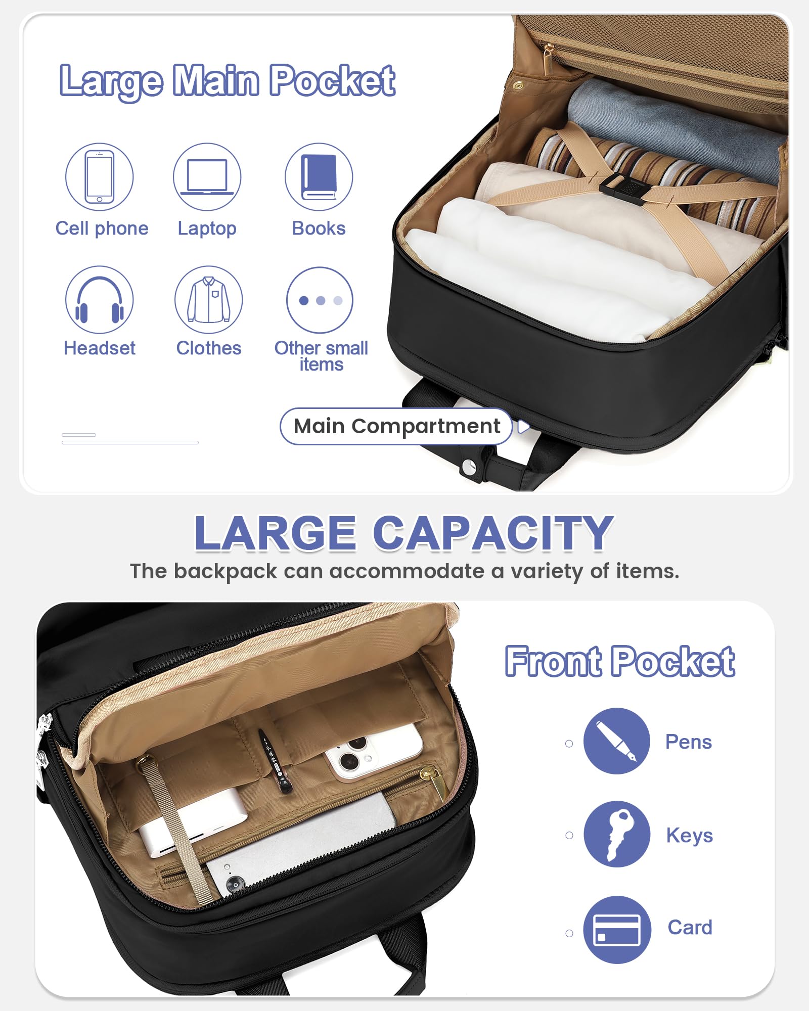 Lightweight Black Travel Backpack for Women & Men - Compact Carry-On Backpack for Airplanes, Perfect as Personal Item Bag - Ideal for Nurses, Teachers, Business Travel & Daily Commute - Durable Airplane Travel Backpack with USB Charging Port (Great for Work, School & Weekend Getaways)