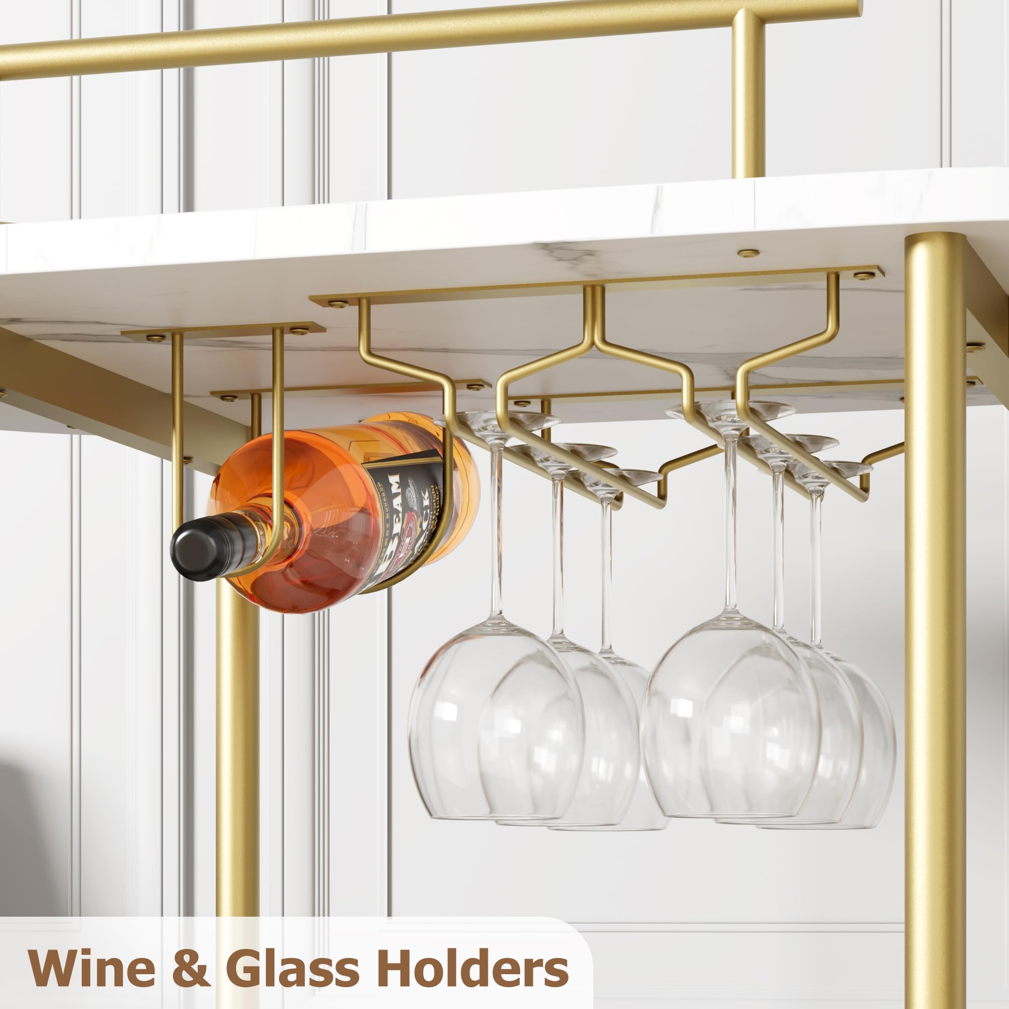 4-Tier Gold Bar Cart with Wheels - Mobile Serving Cart with Wine Rack & Glass Holder - Kitchen, Dining Room, Living Room Organizer - Perfect for Home Entertaining, Parties & Small Space Storage