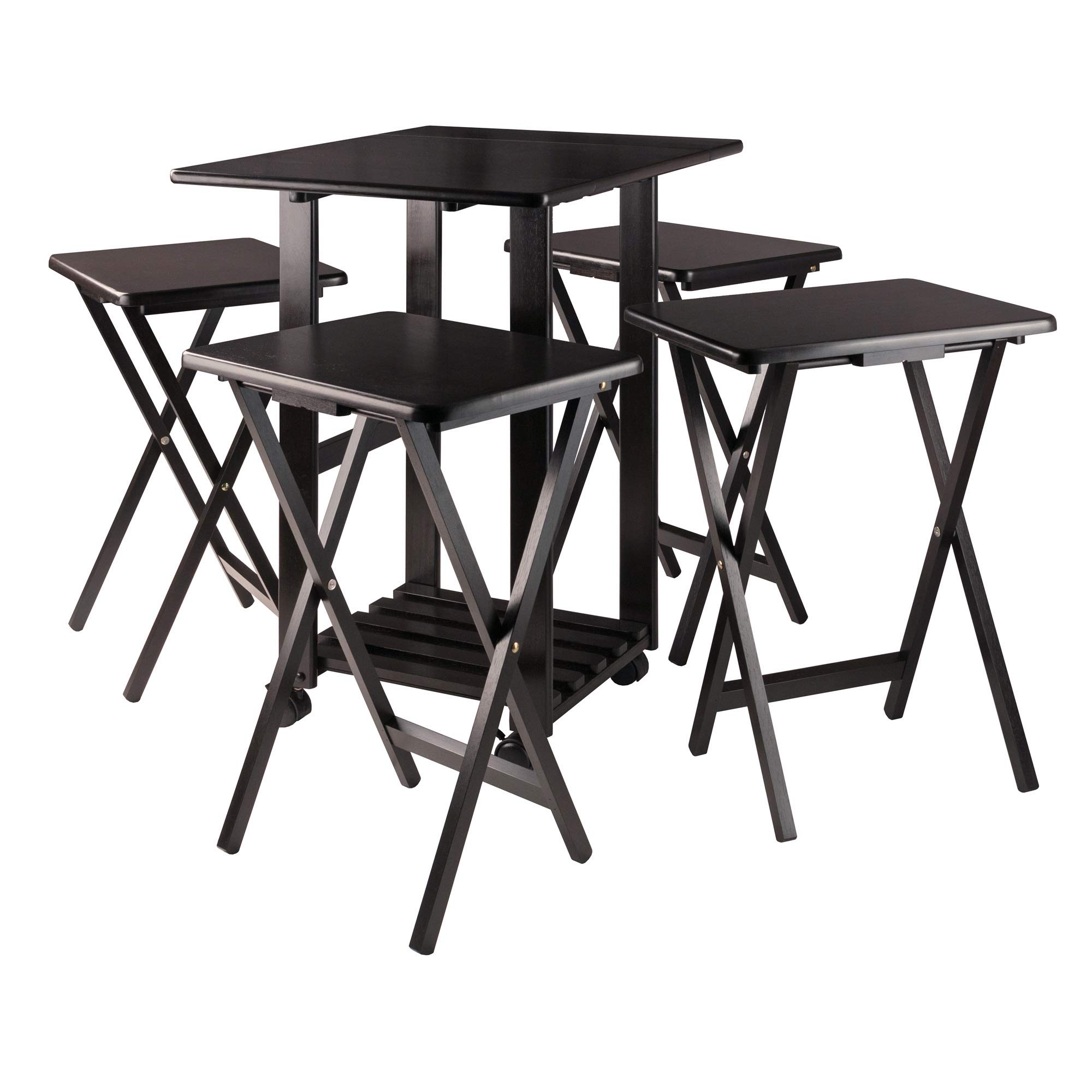 Ergode 5-Piece Wood Folding Snack Table Set with Rolling Storage Stand & Removable Serving Tray - Fully Assembled Black Coffee Table for Living Room, Patio, and Outdoor Use