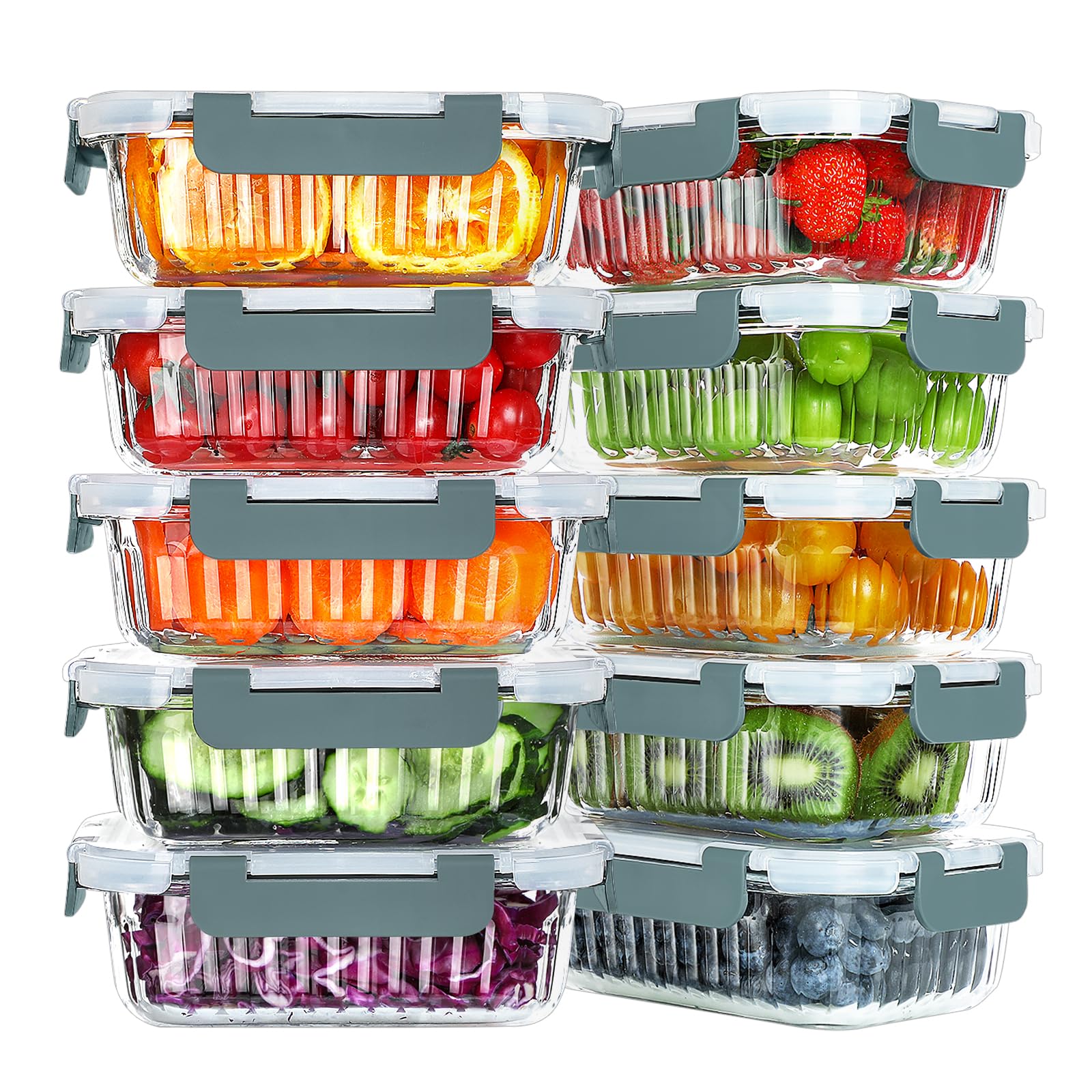 KOMUEE 10-Pack 22 oz Glass Meal Prep Containers with Lids - Airtight BPA-Free Food Storage Containers for Lunch, Microwave, Oven, Freezer & Dishwasher Safe - Perfect for Meal Prepping, Leftovers & Office Lunch (Gray)