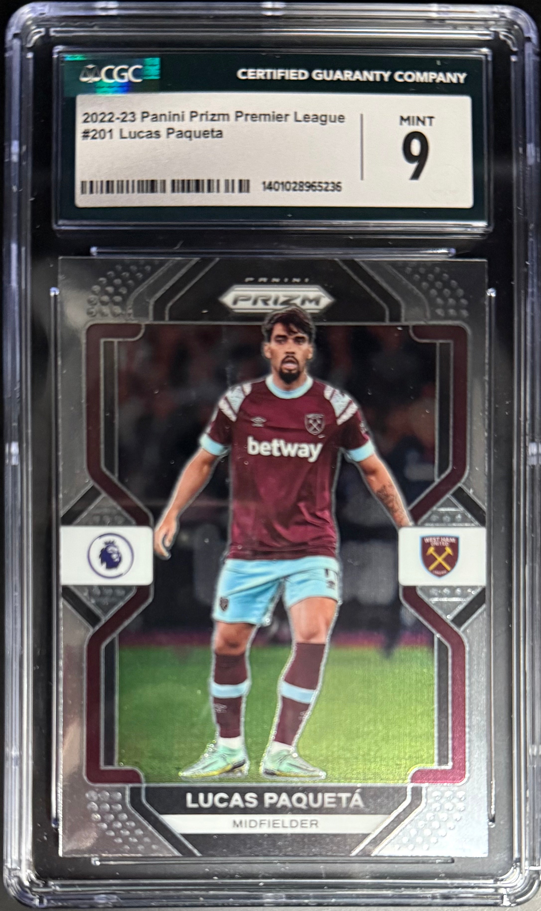 Lucas Paqueta Panini Prizm Base Card #201 - 2022-23 Premier League Soccer Trading Card (CGC Graded 9) - Perfect for Collectors, Investors & Soccer Fans