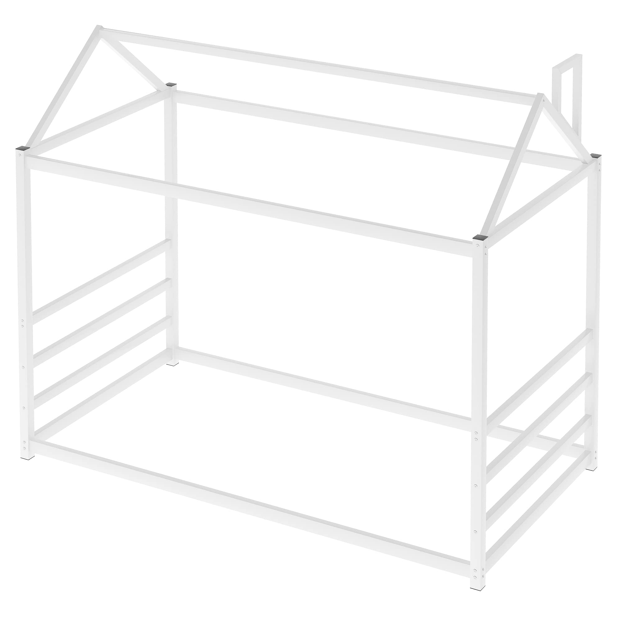 Merax Twin Platform Bed Frame with Roof & Chimney Design - Metal House Style Floor Bed for Kids & Teens (White) | No Slats Needed | Perfect for Bedrooms, Playrooms & Themed Decor