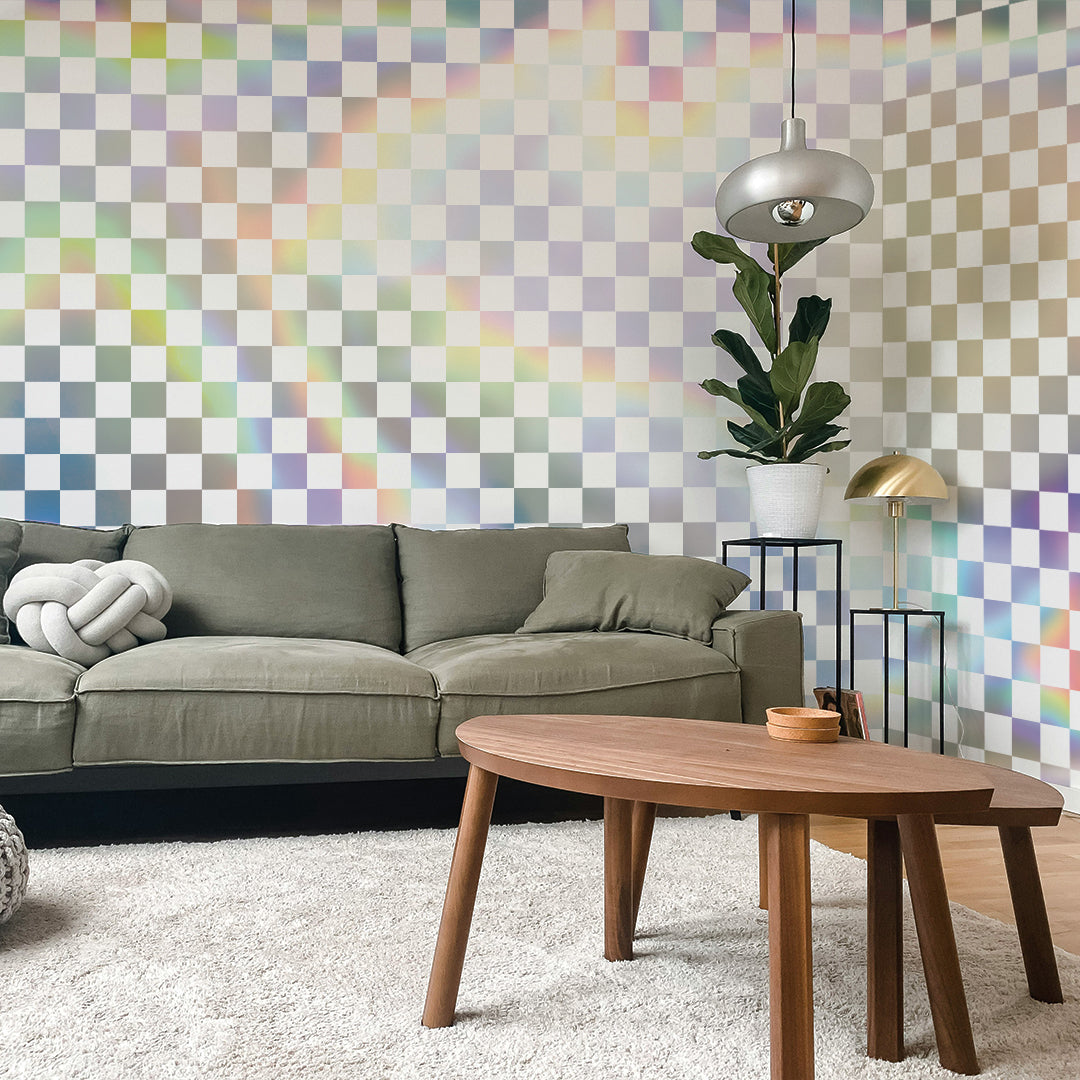 Checkmate Holographic Peel and Stick Wallpaper - Self-Adhesive Removable Wallpaper for Bedroom, Living Room, Office - Easy to Install & Remove - Modern Metallic Design for Home Decor