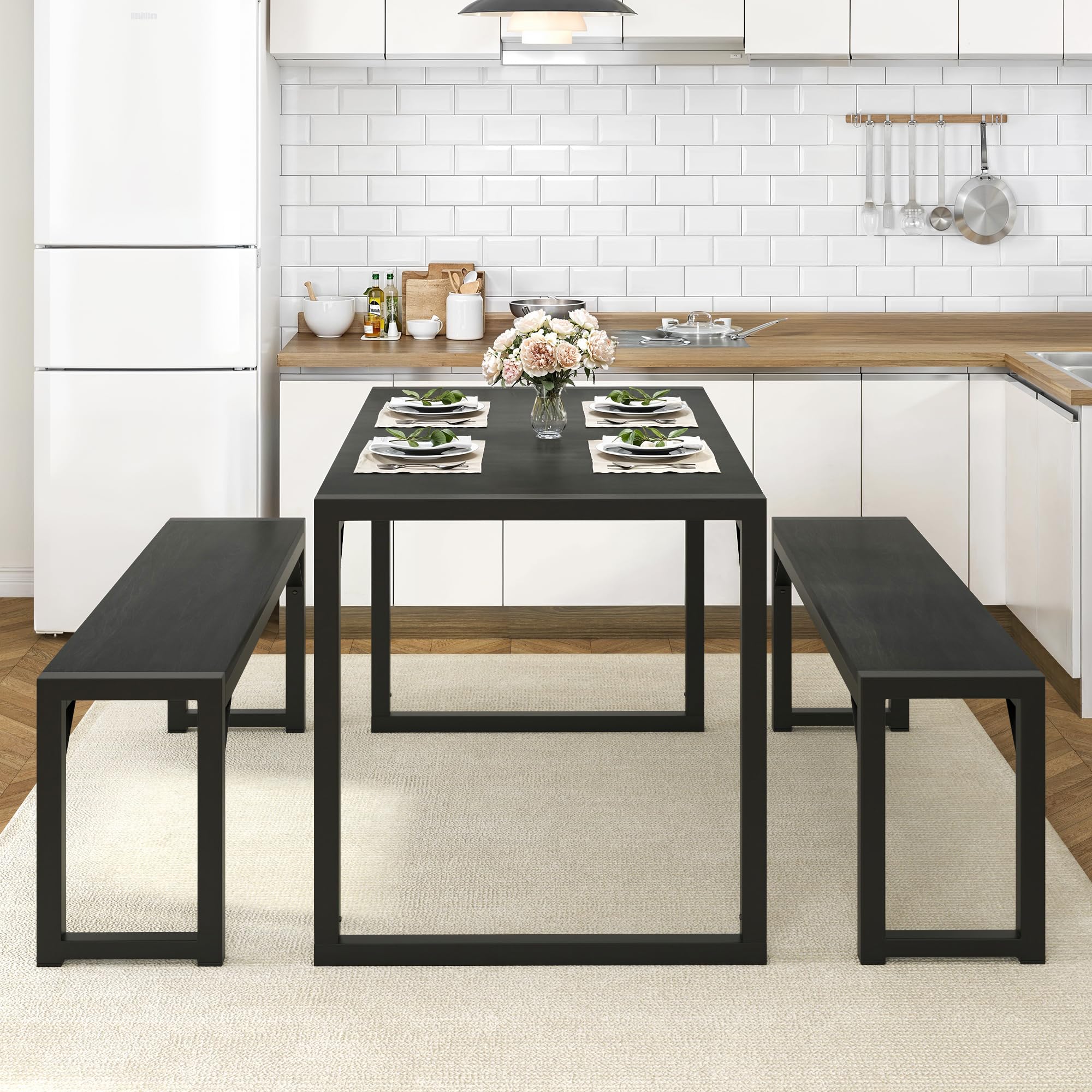 Allewie 3-Piece Dining Table Set with Benches - Heavy Duty Metal Space-Saving Kitchen Table for Small Spaces, Black Legs & Wooden Top - Perfect for Apartments, Studios, Living Rooms & Compact Dining Areas