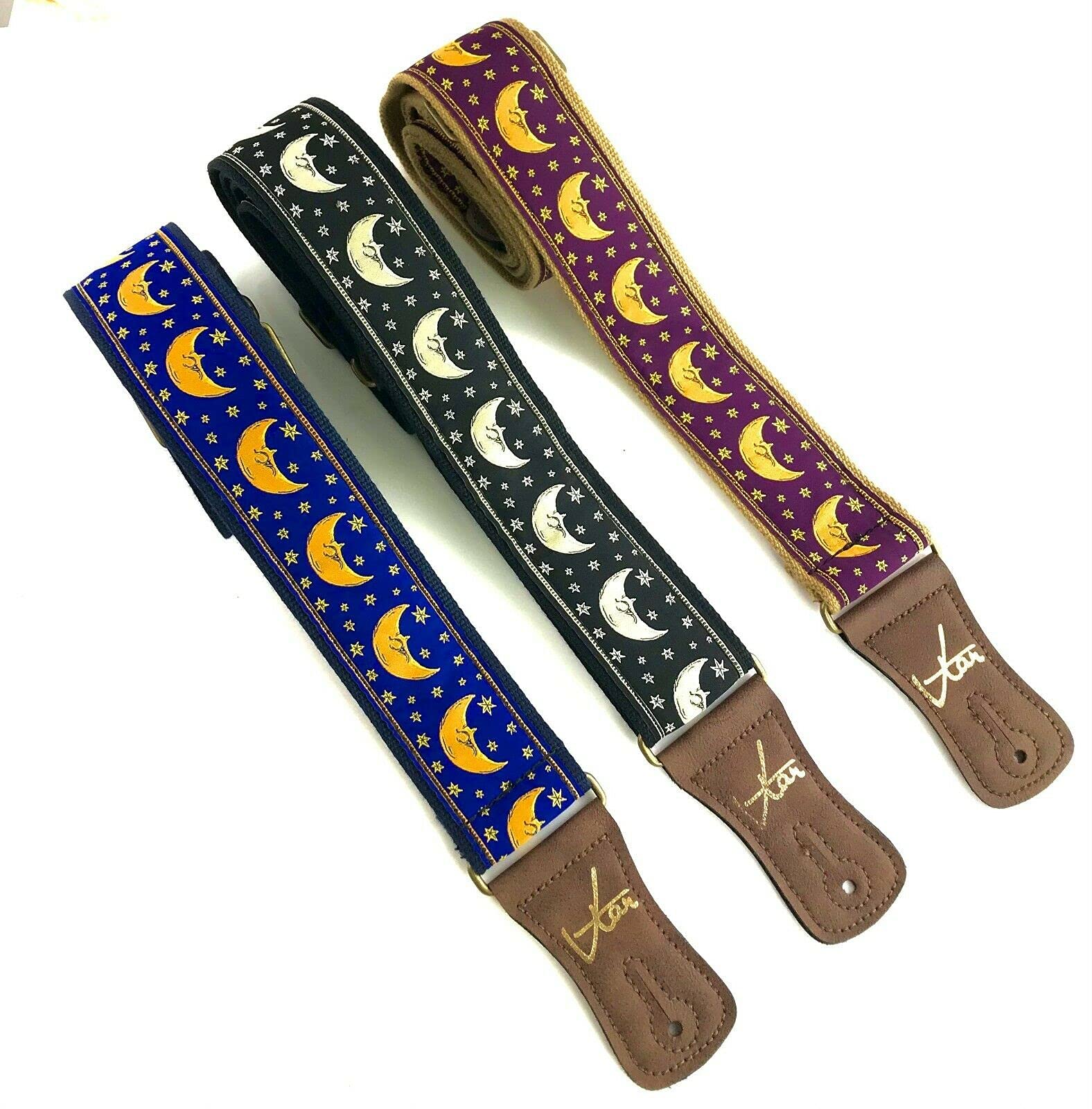 VTAR Vegan Leather Guitar Strap - Handmade Midnight Moon & Star Zodiac Design for Acoustic, Bass, Electric Guitars | Perfect for Stage Performances, Studio Sessions & Casual Playing