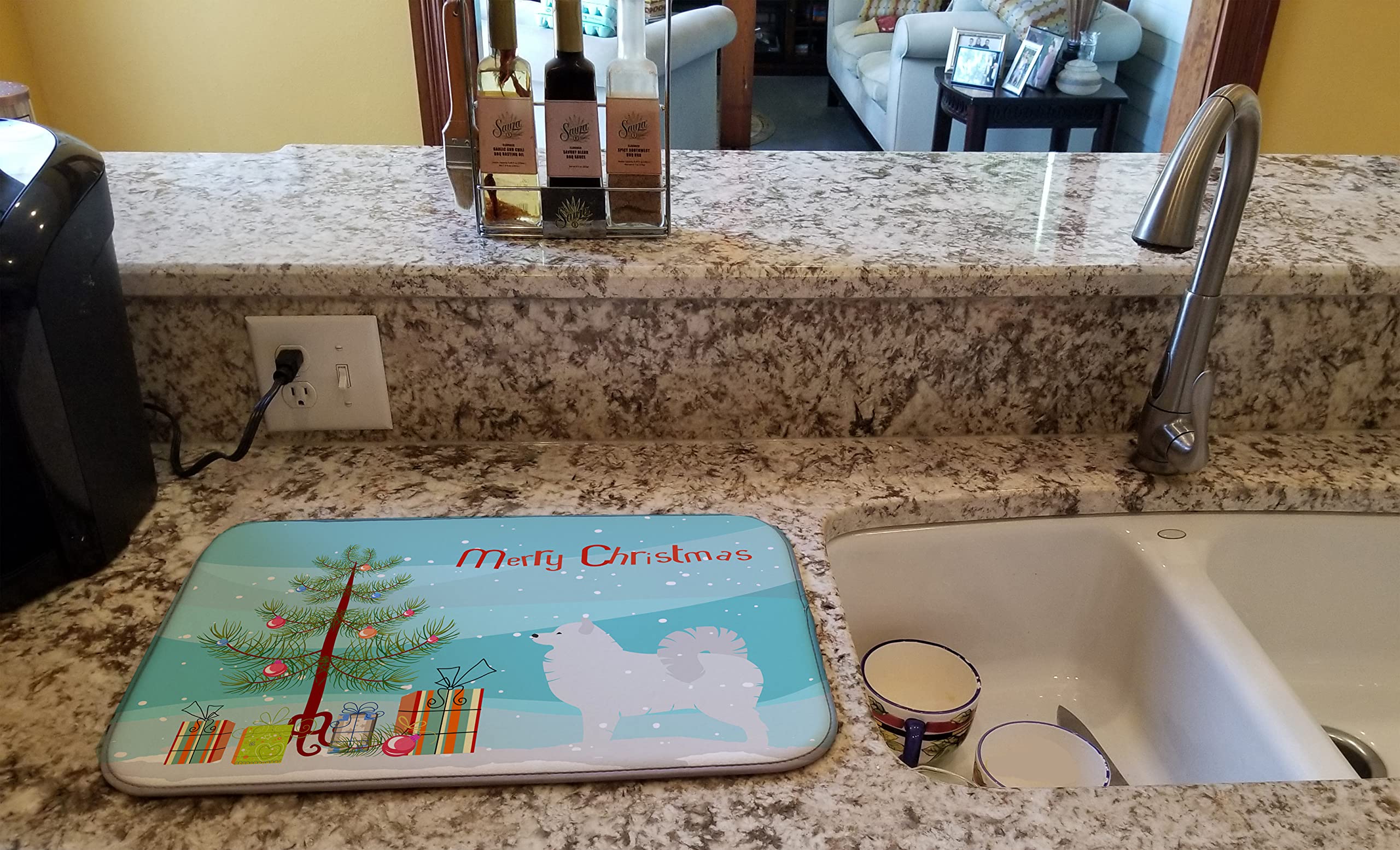 Samoyed Christmas Dish Drying Mat - Absorbent Kitchen Counter Pad for Holiday Decor