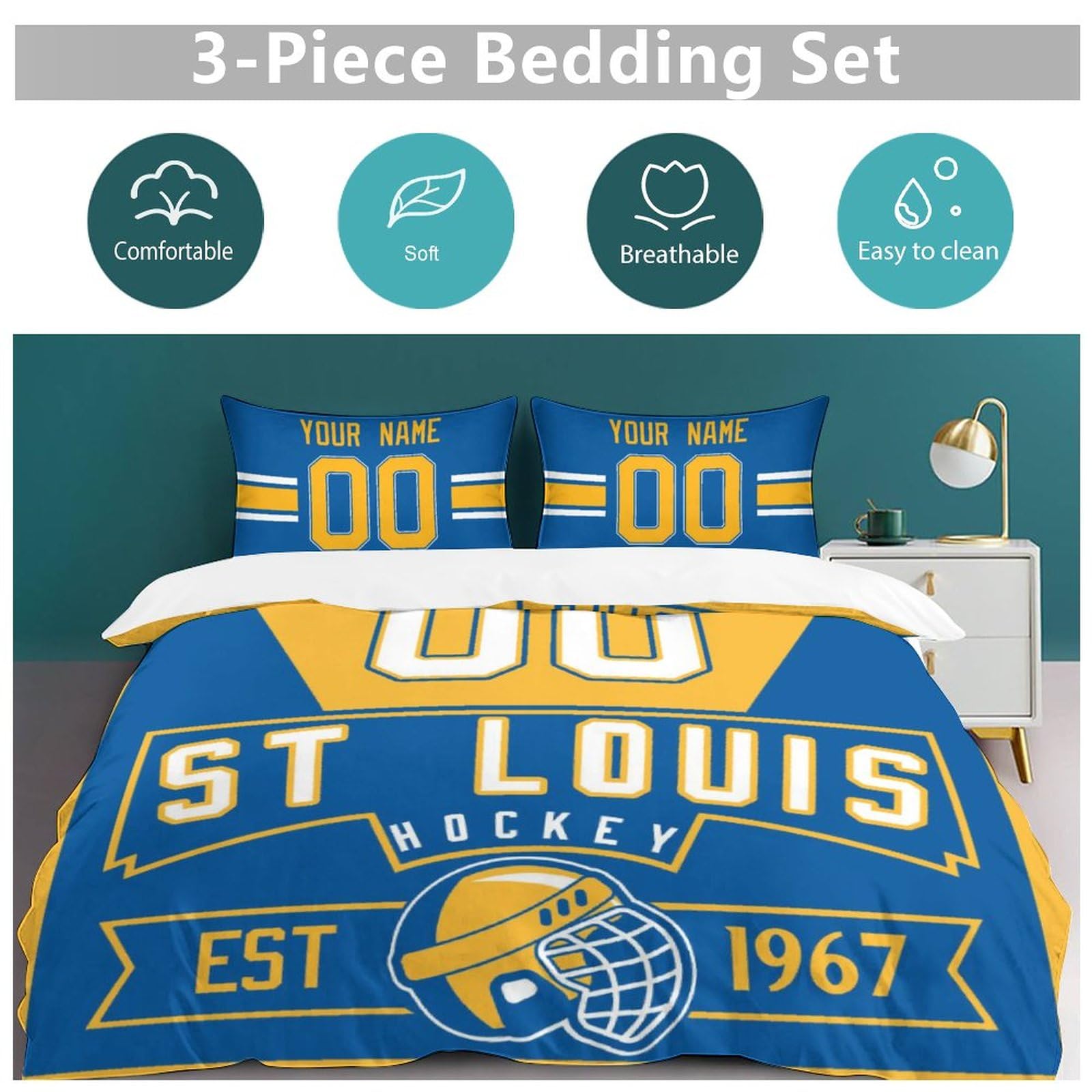 Custom Hockey Comforter Set - 3 Piece Bedding (Comforter + 2 Pillowcases) for Hockey Fans | Personalized Name & Number | Soft Lightweight Quilt | Sports Themed Bedroom Decor | Perfect Gift for NHL Fans & Hockey Lovers