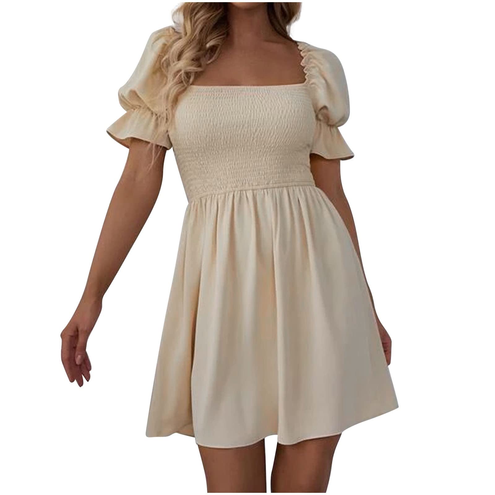 Stylish Women's Summer Square Neck Solid Color Casual Short Sleeve Mini Jacquard Dress - Perfect for Beach Vacations, Date Nights & Summer Parties