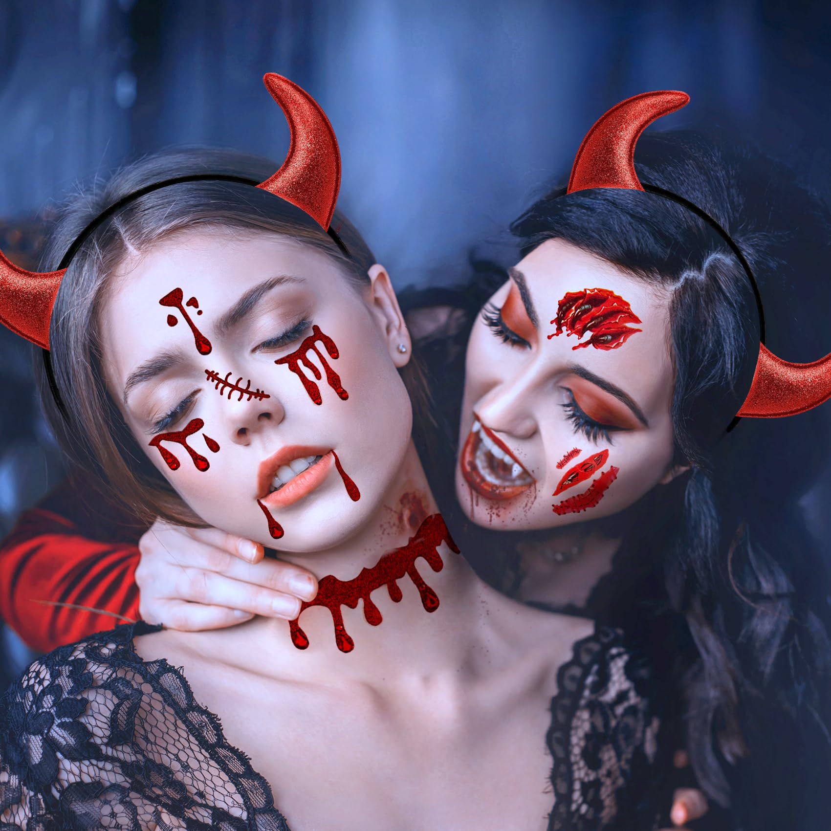 Women's Halloween Vampire Costume Set with Devil Horns Headband, Vampire Face Jewels & Teeth - Scary Tattoos & Makeup Accessories for Kids & Girls Cosplay | Perfect for Halloween Parties, Costume Contests & Themed Events