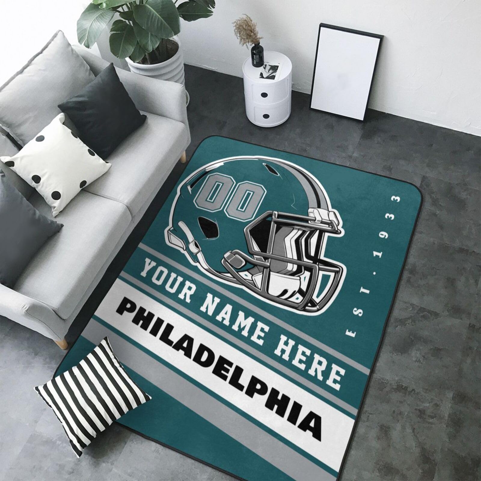 Custom Philadelphia Eagles Football Rug - Personalized Bedroom Area Rugs with Name & Number - Unique Sports Fan Gift for Men & Women - Perfect for Game Room Decor, Fan Cave, or Sports-Themed Bedroom