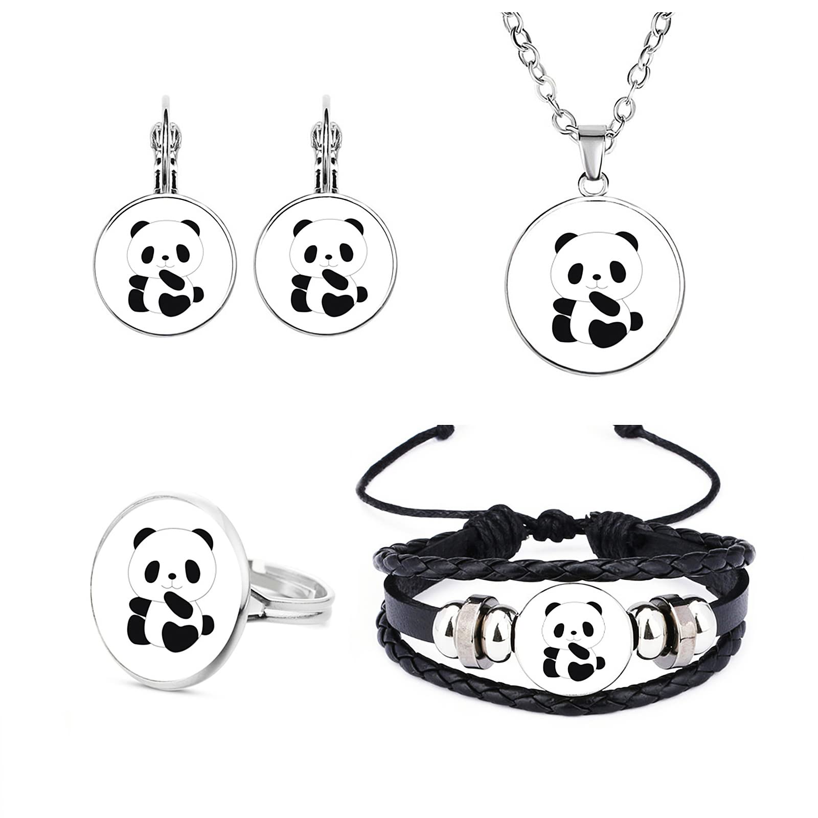RUOFFETA Panda Jewelry Set for Women - Sterling Silver Panda Necklace, Earrings, Bracelet & Ring Gift Set with Time Gems | Cute Animal Jewelry for Girls, Birthday Gifts, Valentine's Day & Everyday Wear
