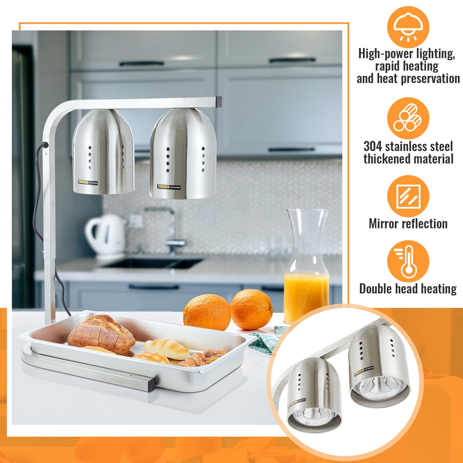 Commercial Food Warmer Heat Lamp - 110V Stainless Steel Electric Food Heat Lamp with 2 Pans & Adjustable Frame - Perfect for Restaurants, Buffets, Hotels & Party Catering - Keep Food Warm for Serving