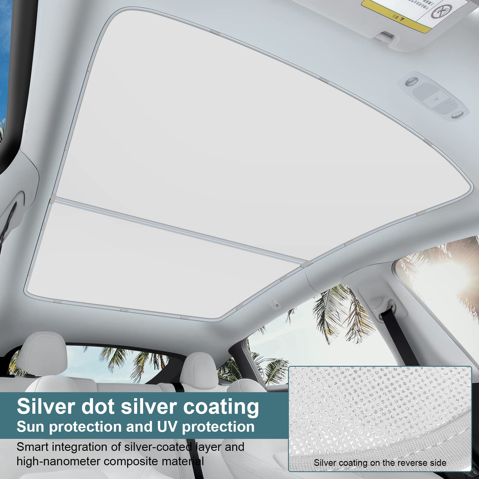 Premium Tesla Model Y Sunroof Shade 2021-2025 - Upgraded Non-Sag Roof Sunshade Accessories (Ice White) | UV Protection & Heat Reduction for Summer Driving & Road Trips