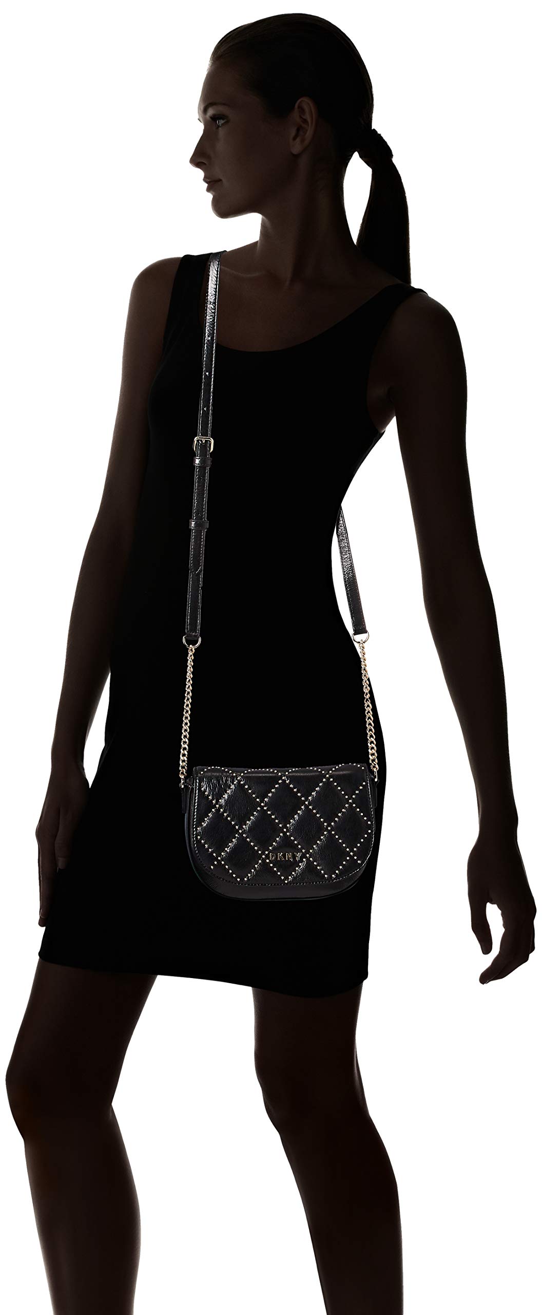 DKNY Sofia Studded Leather Small Saddle Bag Crossbody Purse for Women - Black | Stylish Shoulder Bag for Work, Date Night & Travel Accessories