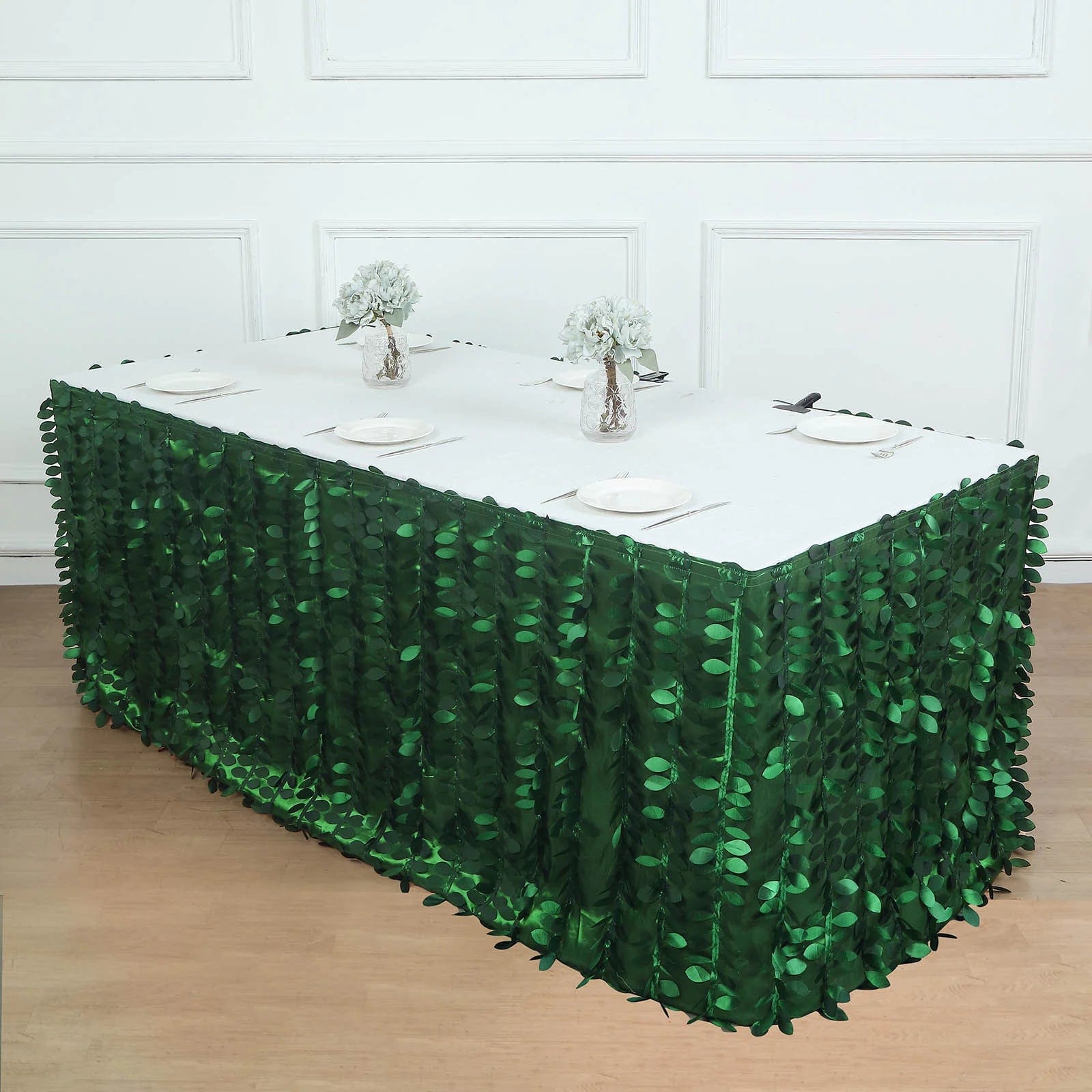 3D Leaves Petals Design Taffeta Table Skirt - Elegant Green Table Cover for Weddings, Parties & Events - Perfect for Banquet Decorations & Special Occasions