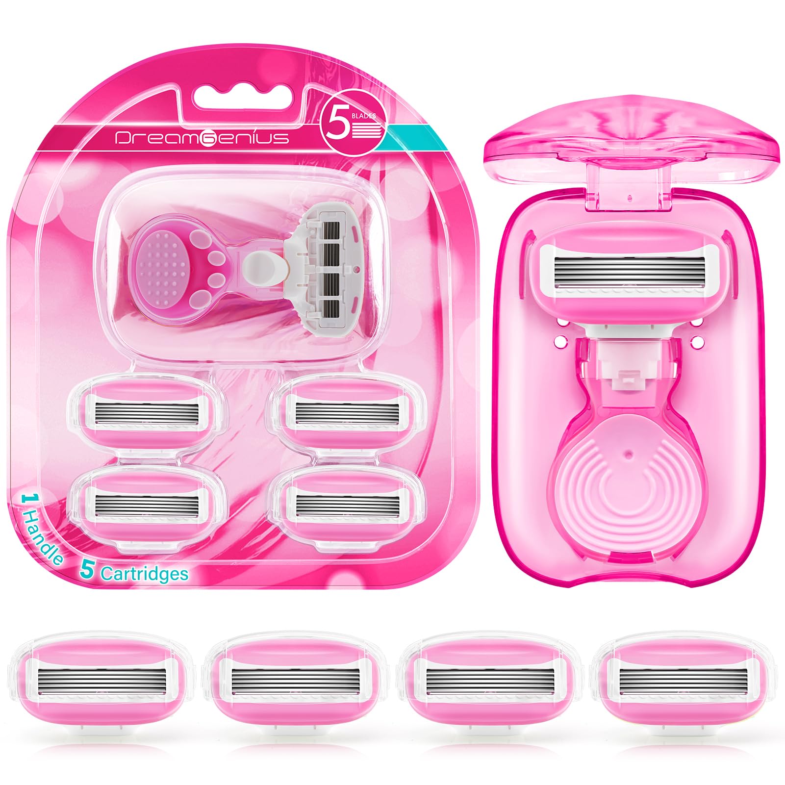 DreamGenius Women's 5-Blade Travel Razor Set with Case - Includes 1 Handle & 5 Cartridges for Extra Smooth Shaving - Pink Travel Essential for Vacation, Gym & On-The-Go Grooming