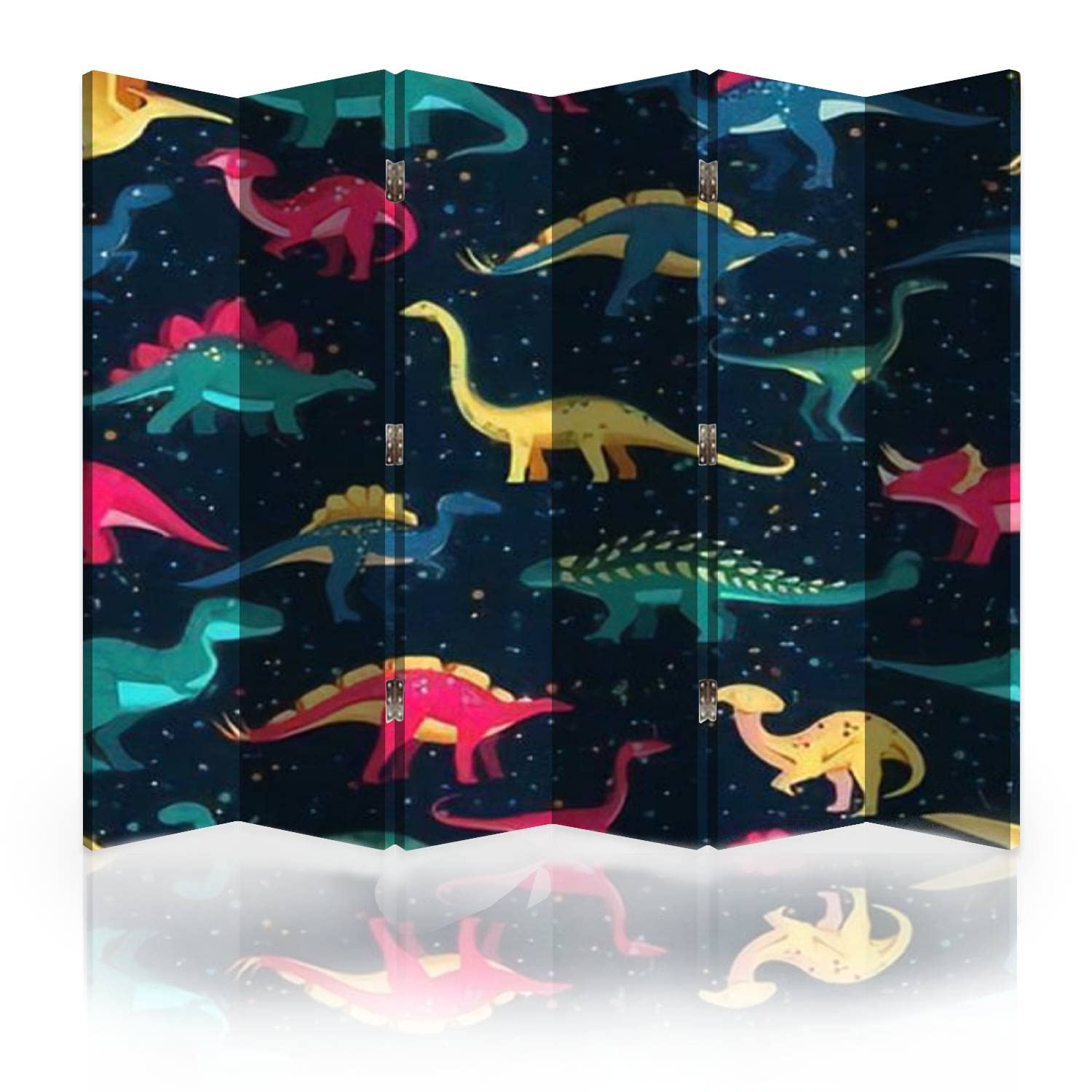 Colorful Dinosaur Canvas Room Divider - 6-Panel Folding Privacy Screen for Kids' Rooms, Nursery & Play Areas | Fun Cartoon Design on Black Seamless Textile | Perfect as Bedroom Separator, Play Space Divider & Home Decor Partition