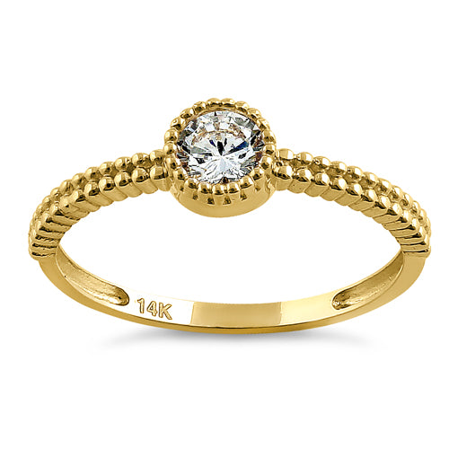 14K Solid Yellow Gold Beaded Round Cubic Zirconia CZ Ring for Women - Elegant Jewelry Gift for Wedding, Anniversary & Special Occasions
