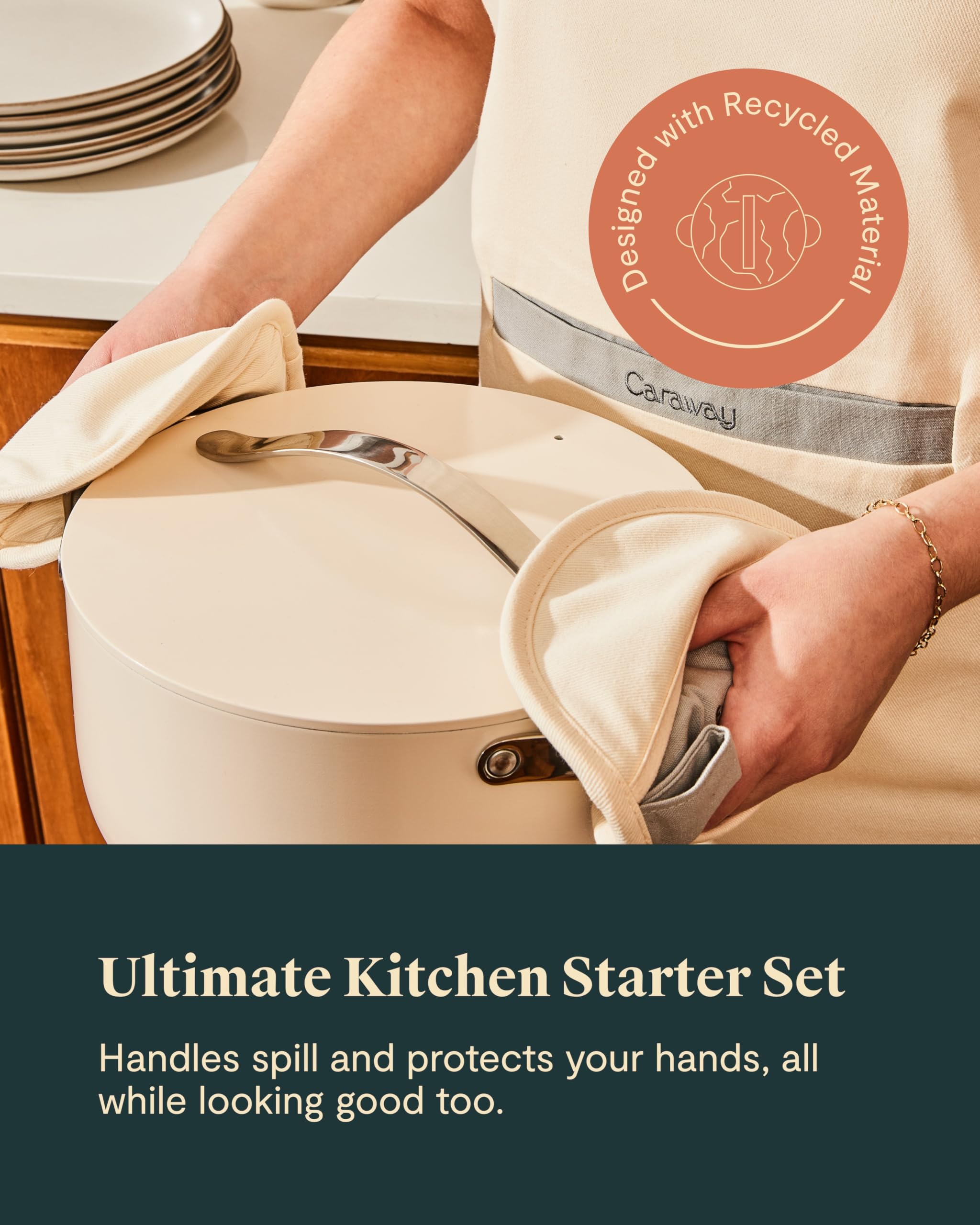 Organic Cotton Caraway Linen Set - Apron, Pot Holders, Oven Mitts & Tea Towels - 100% Natural Fabric - Durable & Machine Washable Kitchen Essentials for Cooking, Baking & Home Decor