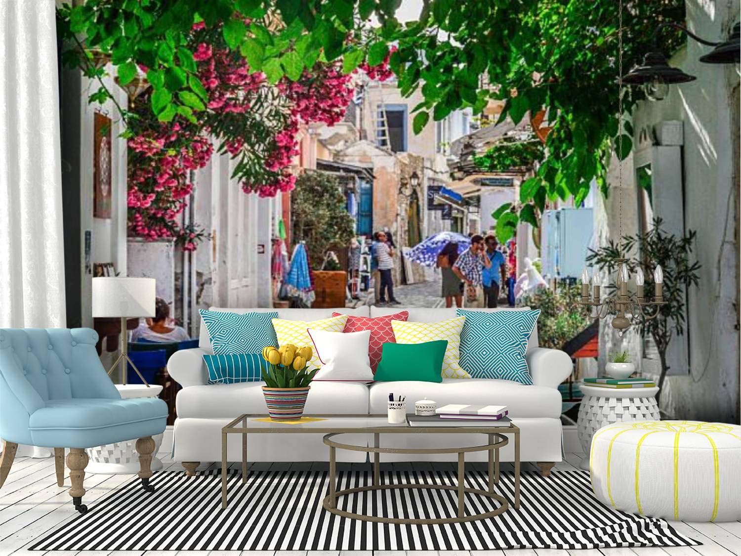 RECETHROWS Greek Isles Street Scene Peel and Stick Wallpaper - Self-Adhesive Removable Vinyl Wall Mural for Home Decor, Living Room, Bedroom, Office (Large Roll)