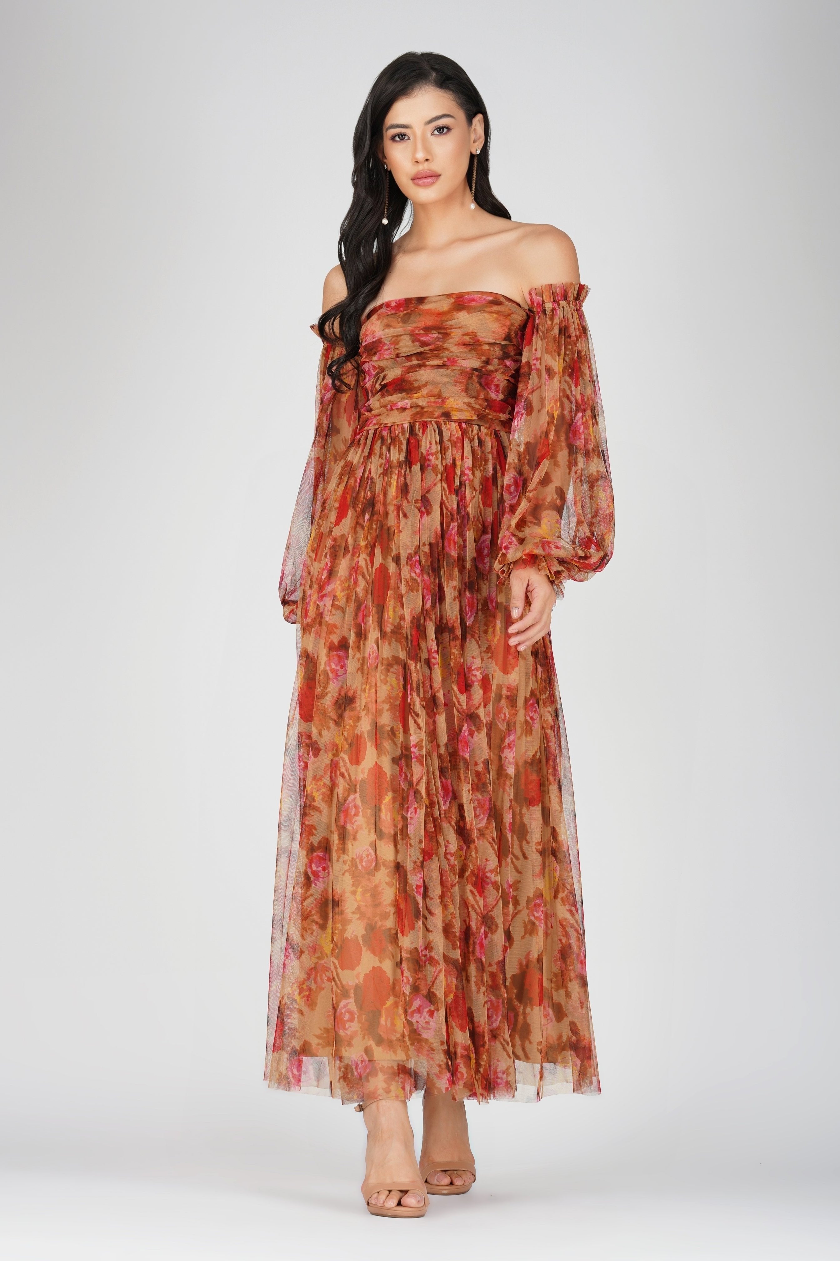 Lana Brown Floral Tulle Dress for Women - Elegant A-Line Party Gown with Lace Details - Perfect for Weddings, Prom, Cocktail Parties & Special Occasions