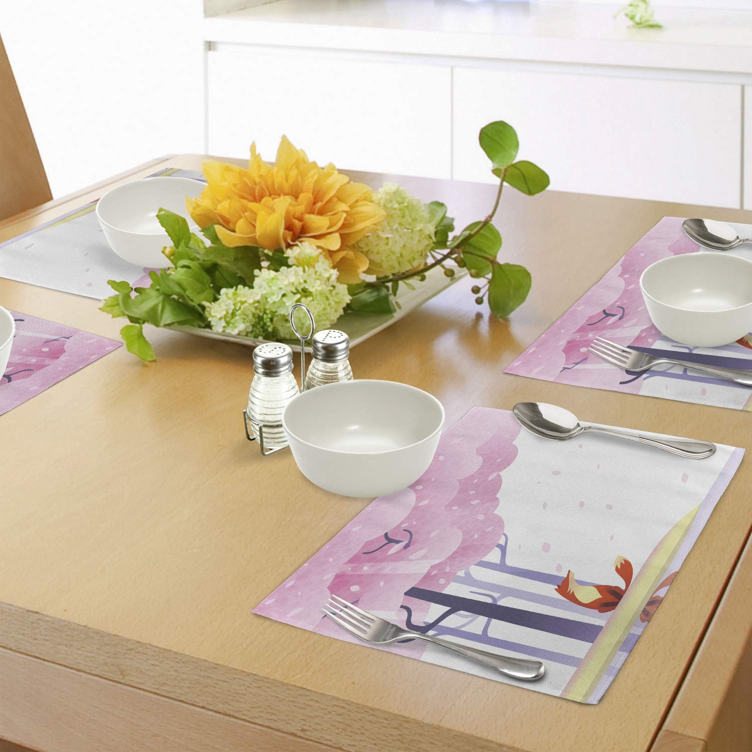 Ambesonne Fox Place Mats Set of 4 - Spring Inspired Pink Sakura Tree & Falling Leaves Design - Washable Fabric Table Mats for Dining Room & Kitchen Decor in Pale Pink, Orange & Lavender - Perfect for Spring Parties, Easter Decor & Cozy Family Dinners