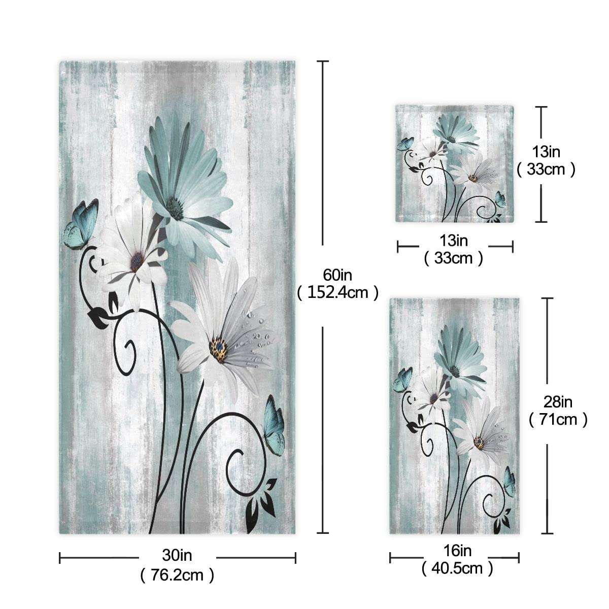 Premium 3-Piece Farmhouse Bath Towel Set - Teal Daisy Floral & Butterfly Design - Soft Absorbent Luxury Bath Towel, Hand Towel & Washcloth - Country Chic Decor for Bathroom & Kitchen - Perfect for Spa Days & Farmhouse Style Homes