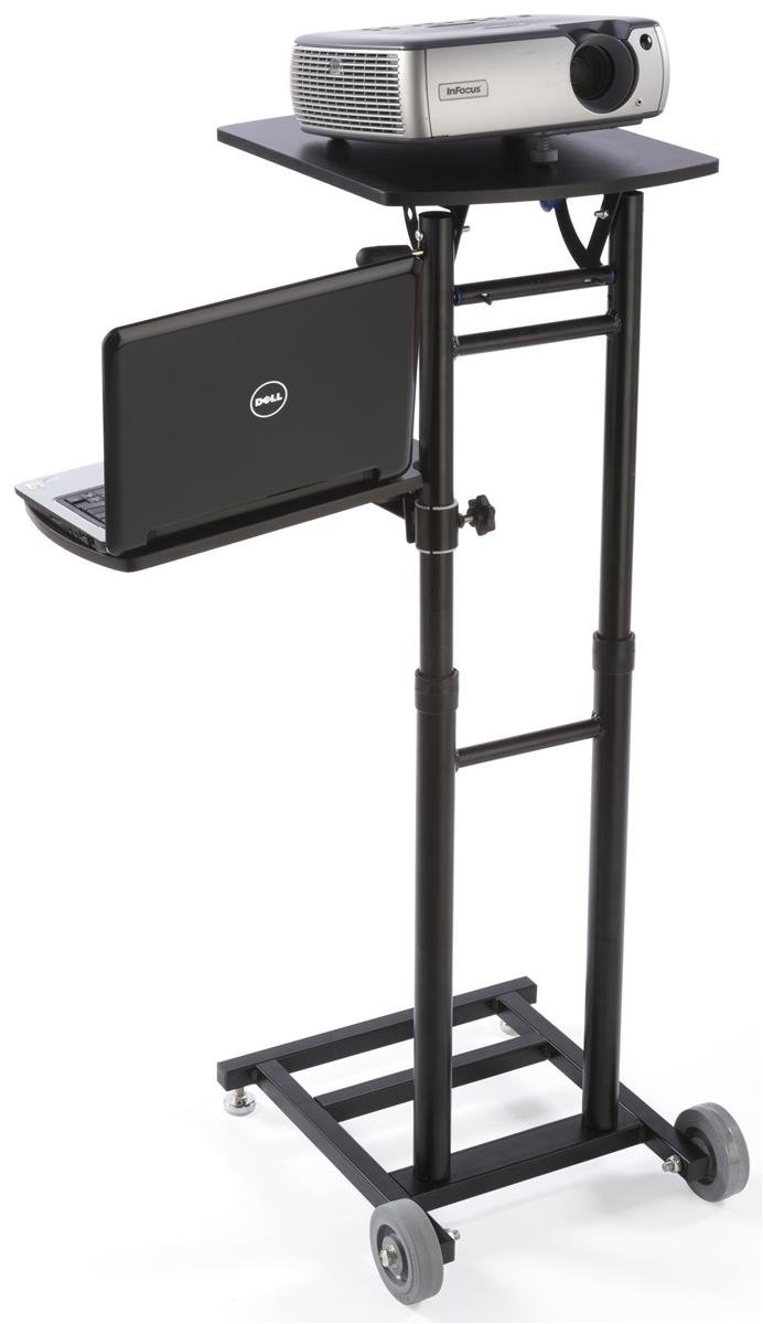 Displays2go Black Steel & MDF Foldable Laptop & Projector Stand with Wheels - Portable Presentation Cart for Office, Classroom & Conference Room Use