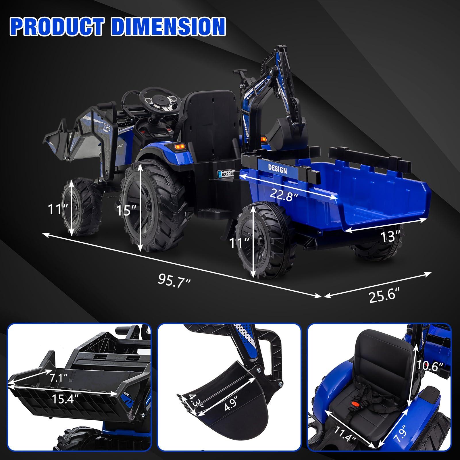 24V 3-in-1 Electric Kids Ride-On Tractor with Excavator & Bulldozer Attachments - Remote Control Toy Vehicle with Trailer, Digger Bucket, EVA Tires, LED Lights, Music & USB - Blue | Outdoor Play, Construction Pretend Play, Backyard Fun for Toddlers