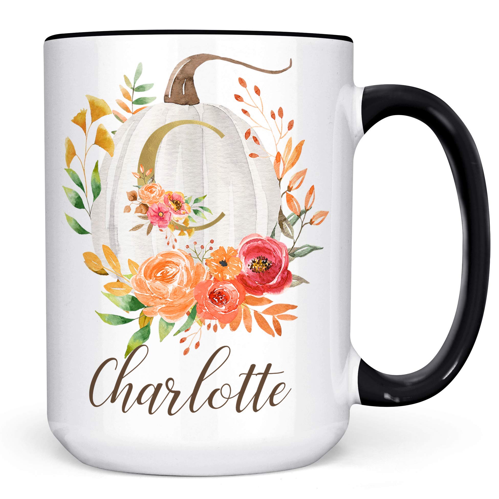 Personalized Pumpkin Coffee Mug - Fall Autumn Flowers Monogram Ceramic Cup | Microwave & Dishwasher Safe | Perfect for Thanksgiving, Halloween & Cozy Home Decor